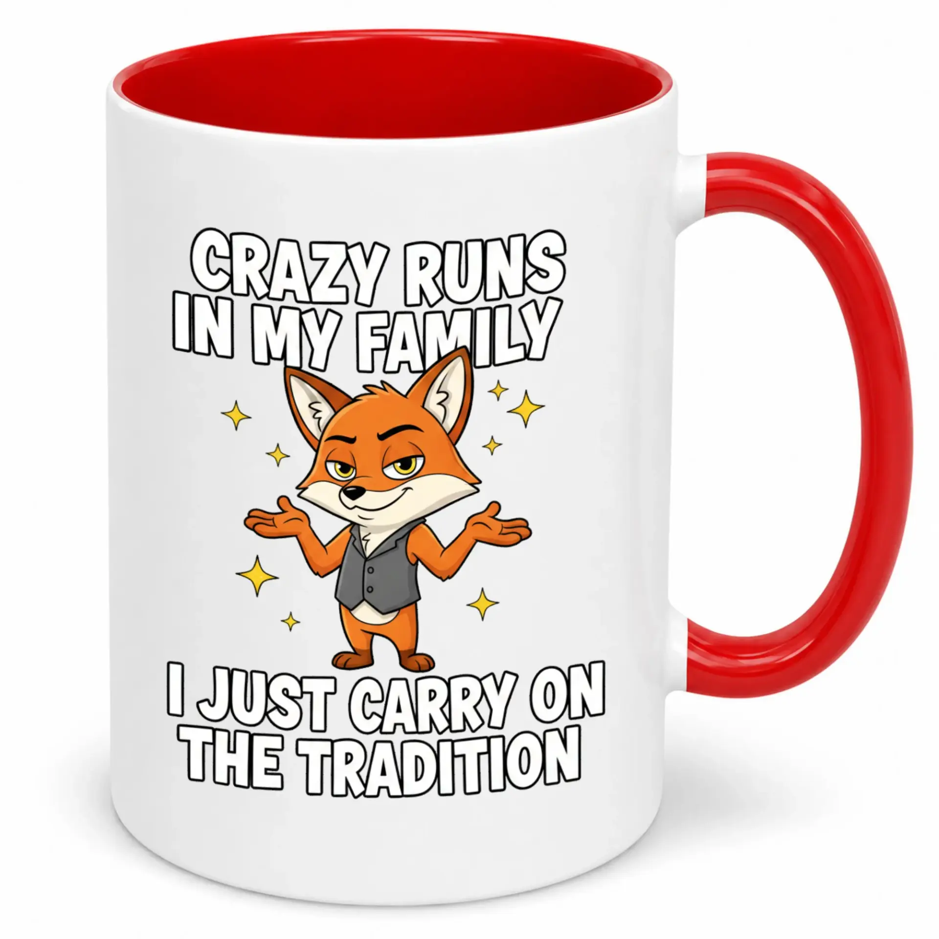 Funny Fox Ceramic Coffee Mug with Sarcastic Family Tradition Design Unique White and Red Handle Drinkware for Home or Office