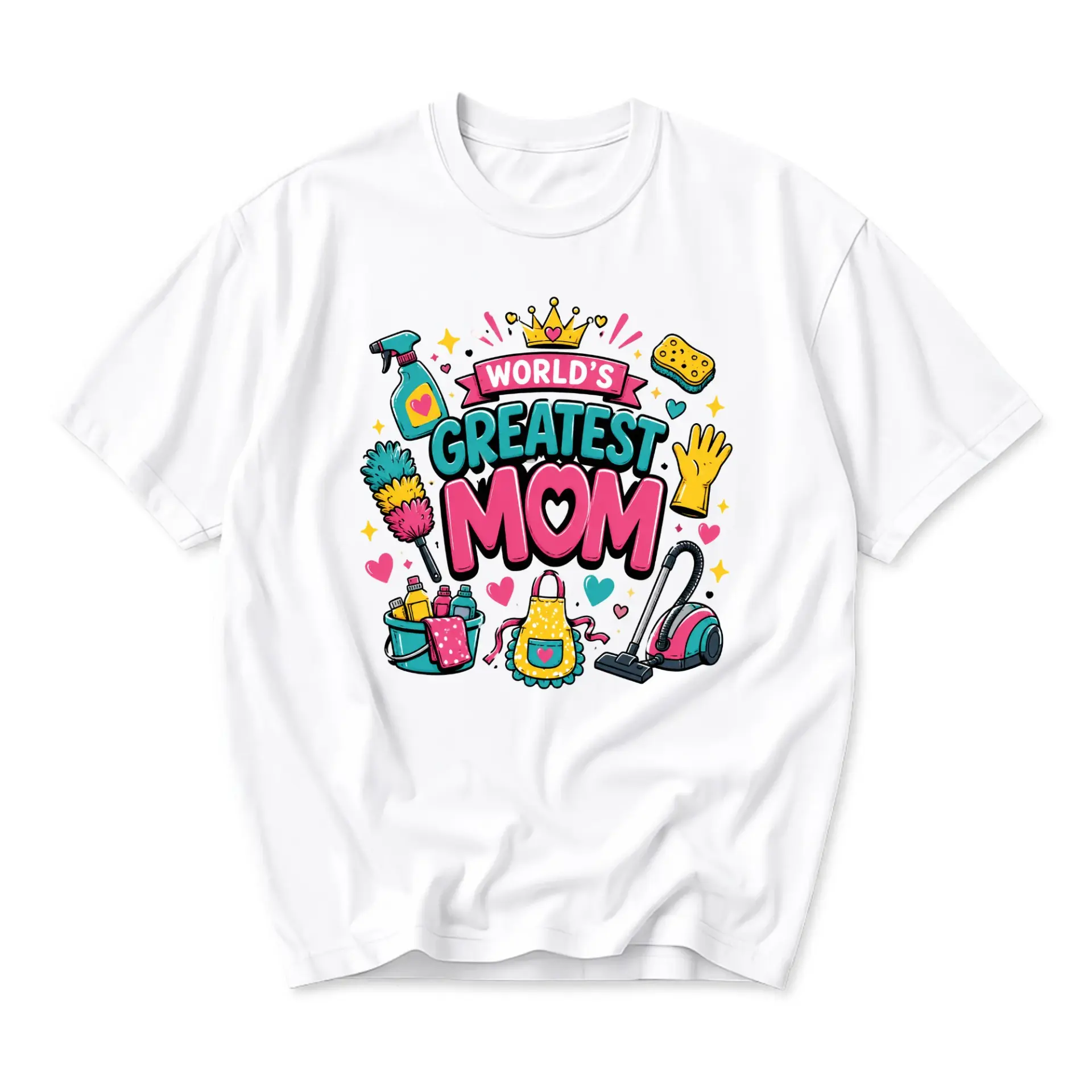 Graphic Tee World's Greatest Mom Cleaning Theme Unisex Crew Neck T-Shirt Soft Cotton Everyday Wear Apparel for Women
