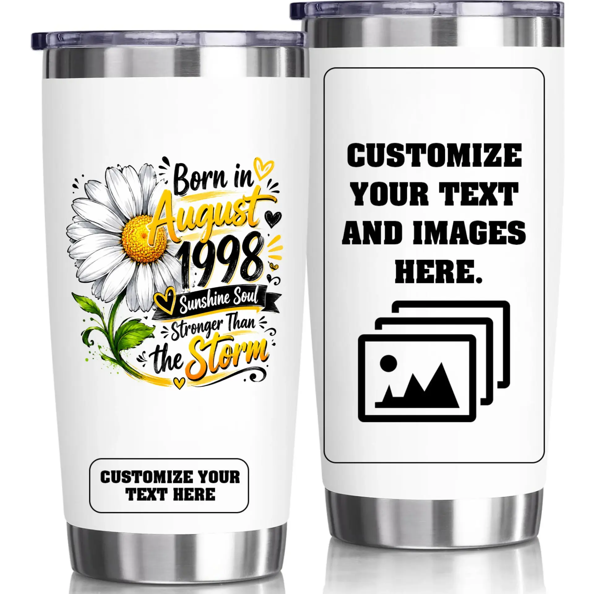 Stainless Steel Tumbler 20oz Vacuum Insulated Cup for Birthday Gift with Floral Daisy and Custom Text Design Options