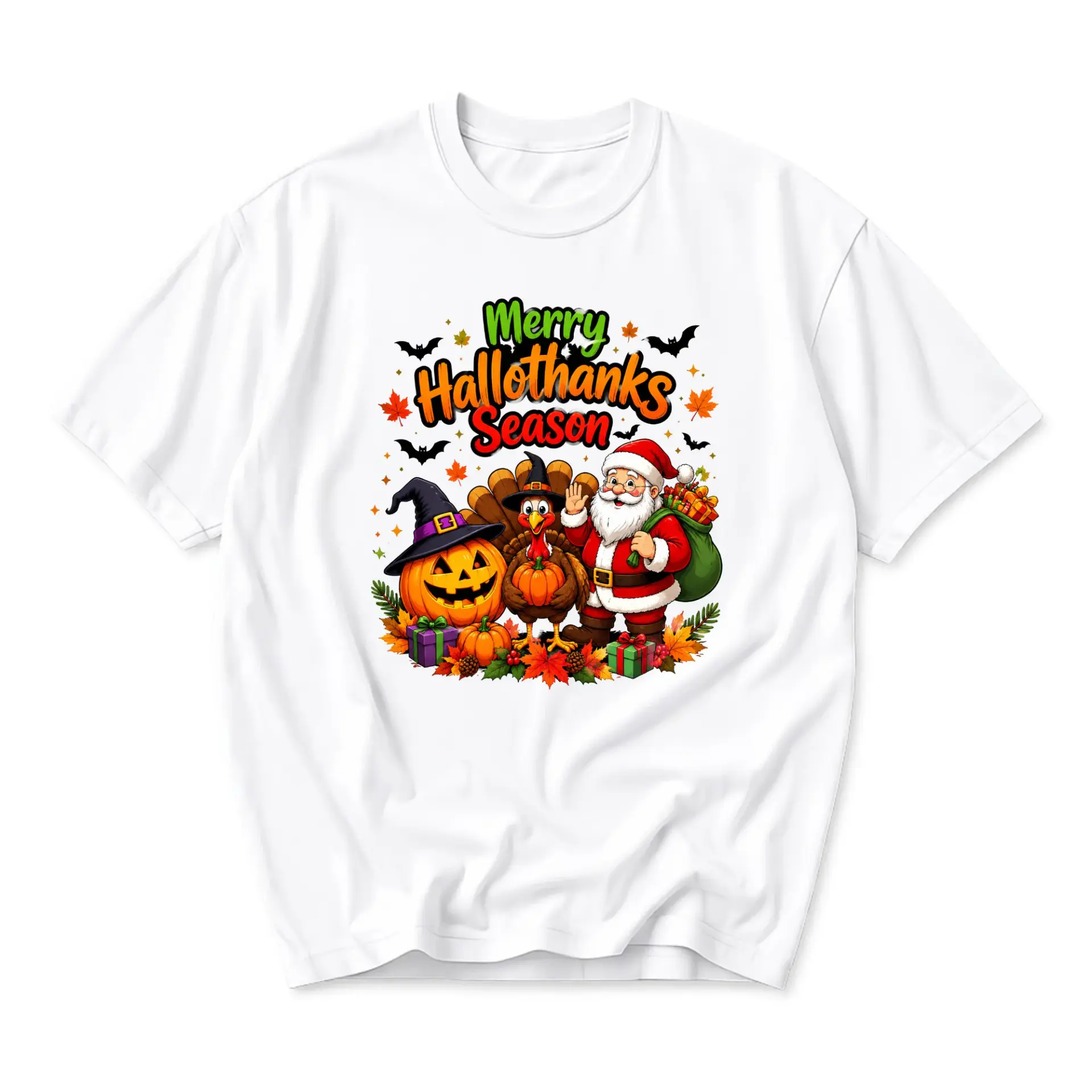 Funny Shirt Merry Hallothanks Season Graphic Tee Featuring Santa Turkey and Pumpkin Illustration Unisex Crew Neck Top