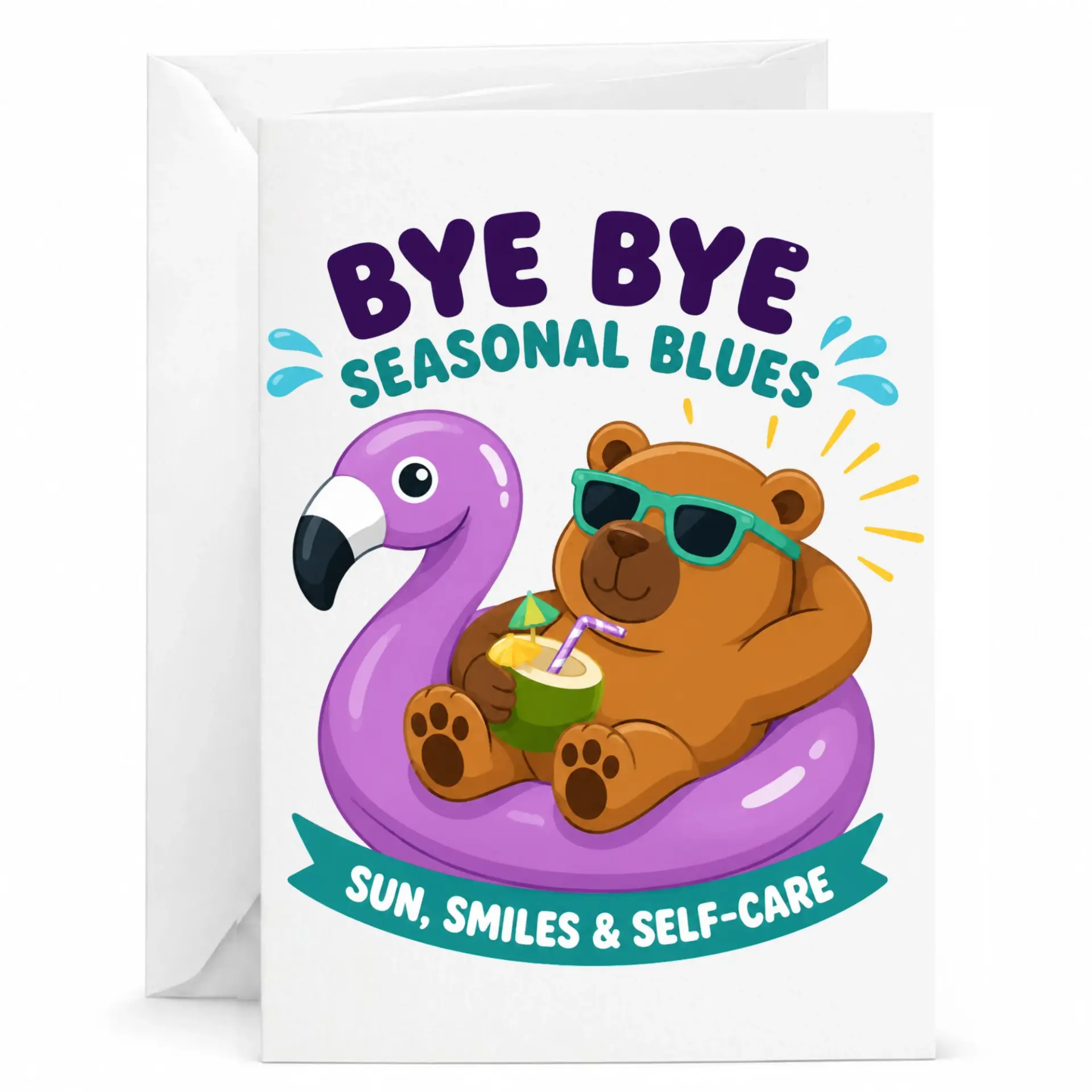 Funny Greeting Card Bye Seasonal Blues Summer Vibe Bear Relaxing on Flamingo Pool Note for Any Occasion