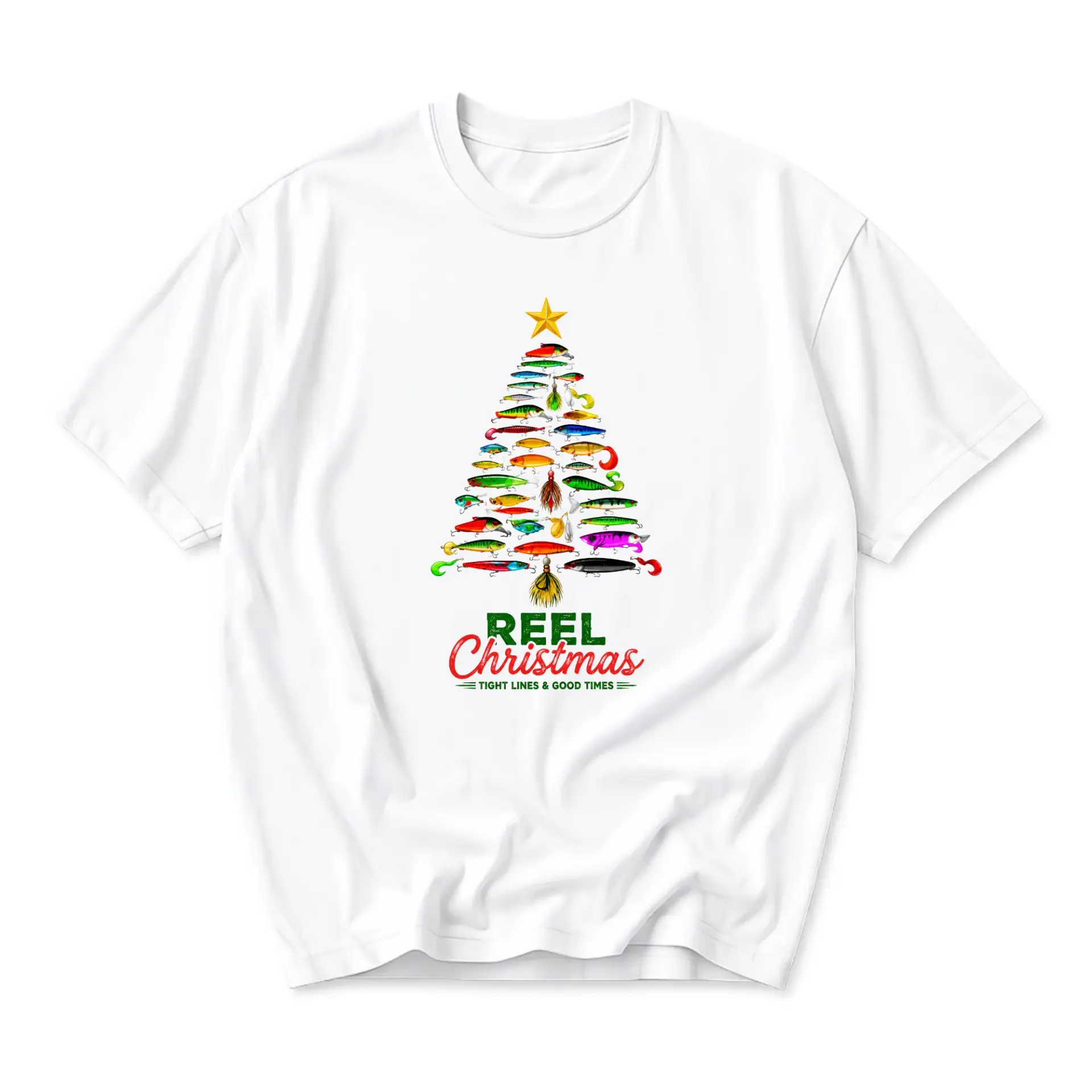 Funny Shirt Reel Christmas Fishing Lure Tree Graphic Tee Unisex Crew Neck