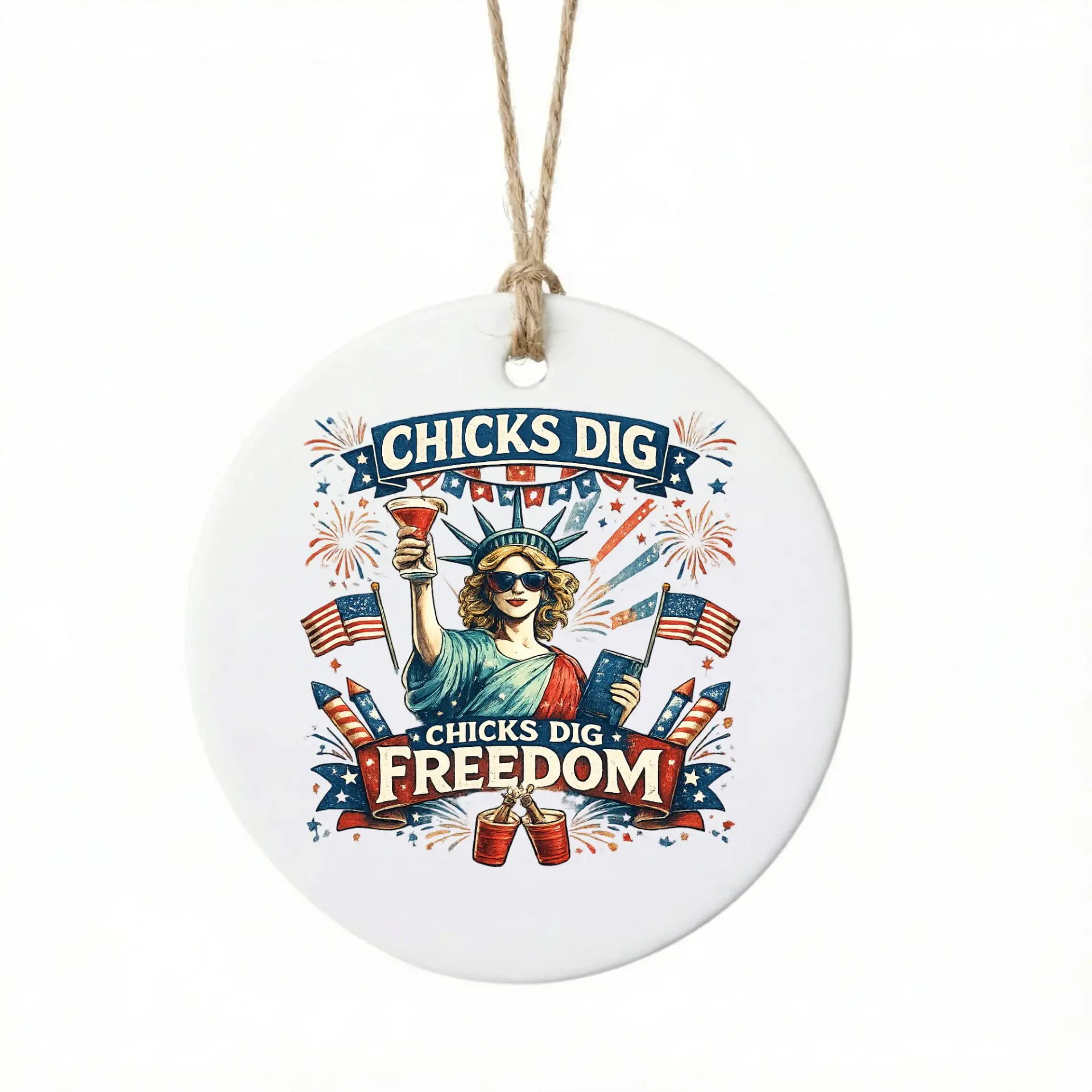 Ceramic Christmas Ornament Patriotic Lady Design Festive Holiday Tree Decoration Glossy Keepsake for Seasonal Decor