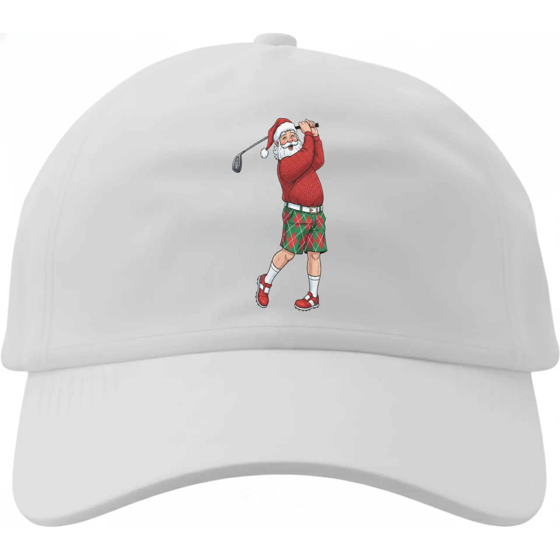 Baseball Cap Featuring a Santa Claus Golfer Graphic Print in a Festive Holiday Red Sweater and Green Plaid Shorts