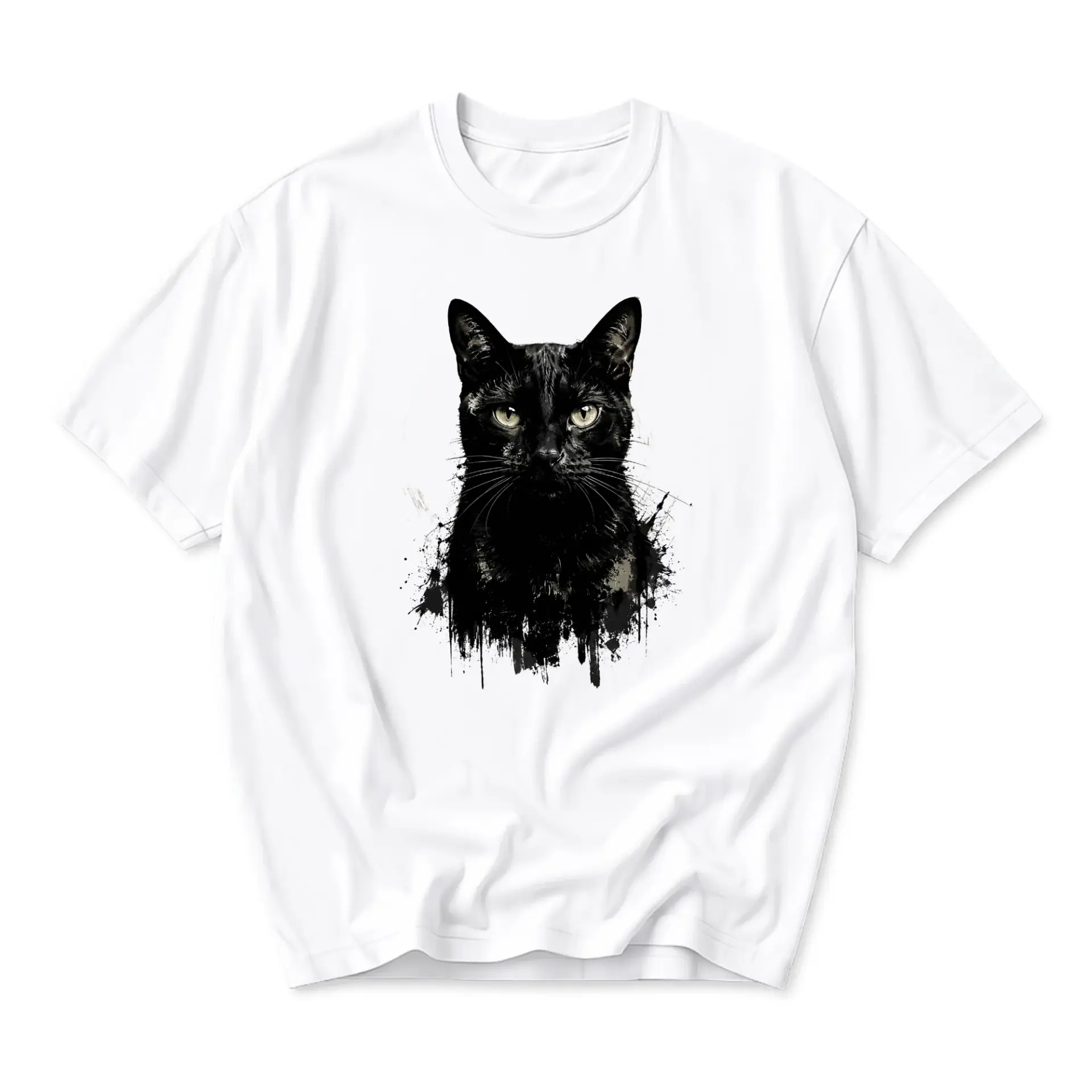 Graphic Tee Black Cat Splatter Art Print Unisex Cotton Crew Neck Short Sleeve Casual Everyday Outfit Summer Shirt