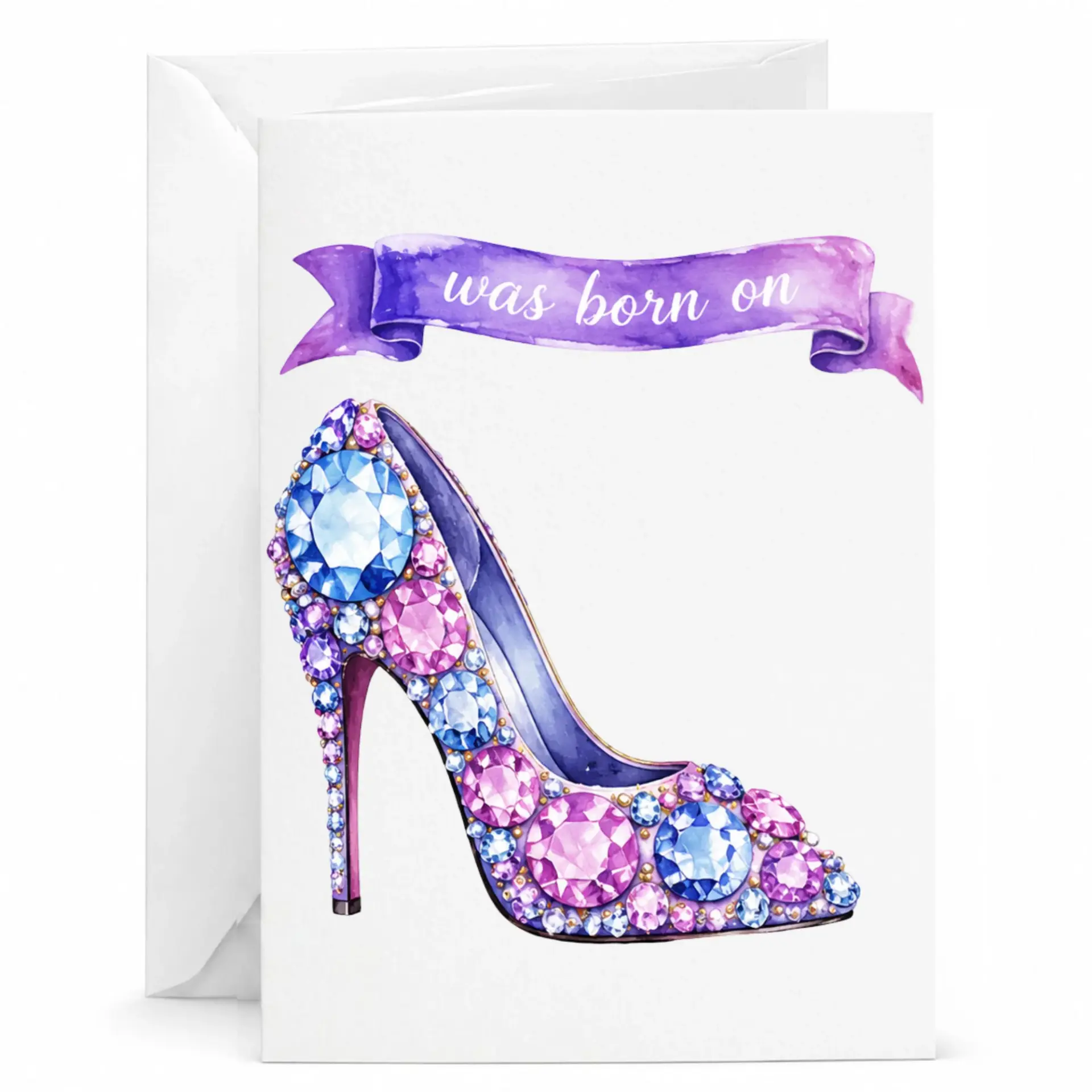 Birthday Card with Jeweled High Heel Illustration Elegant Watercolor Fashion Accessory Design for Special Occasions