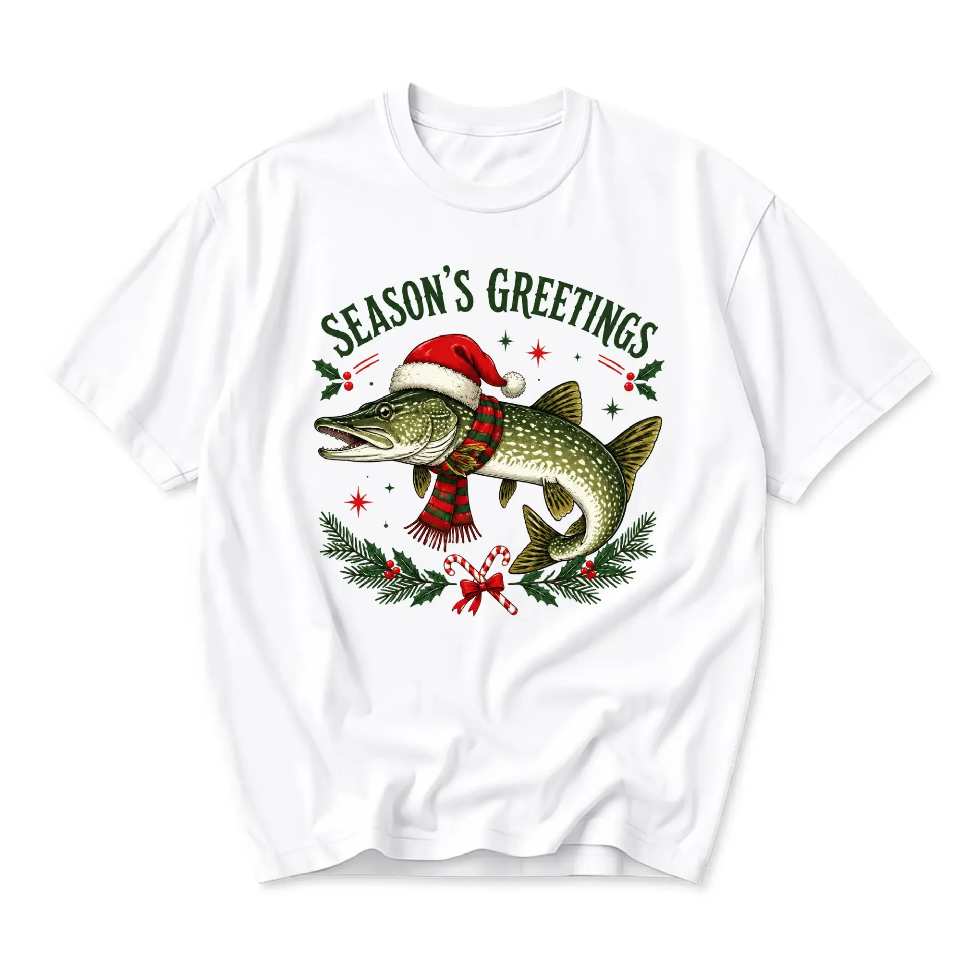 Funny Shirt Season's Greetings Fishing Theme Graphic Tee Unisex Casual Apparel for Holiday Outdoor Enthusiasts