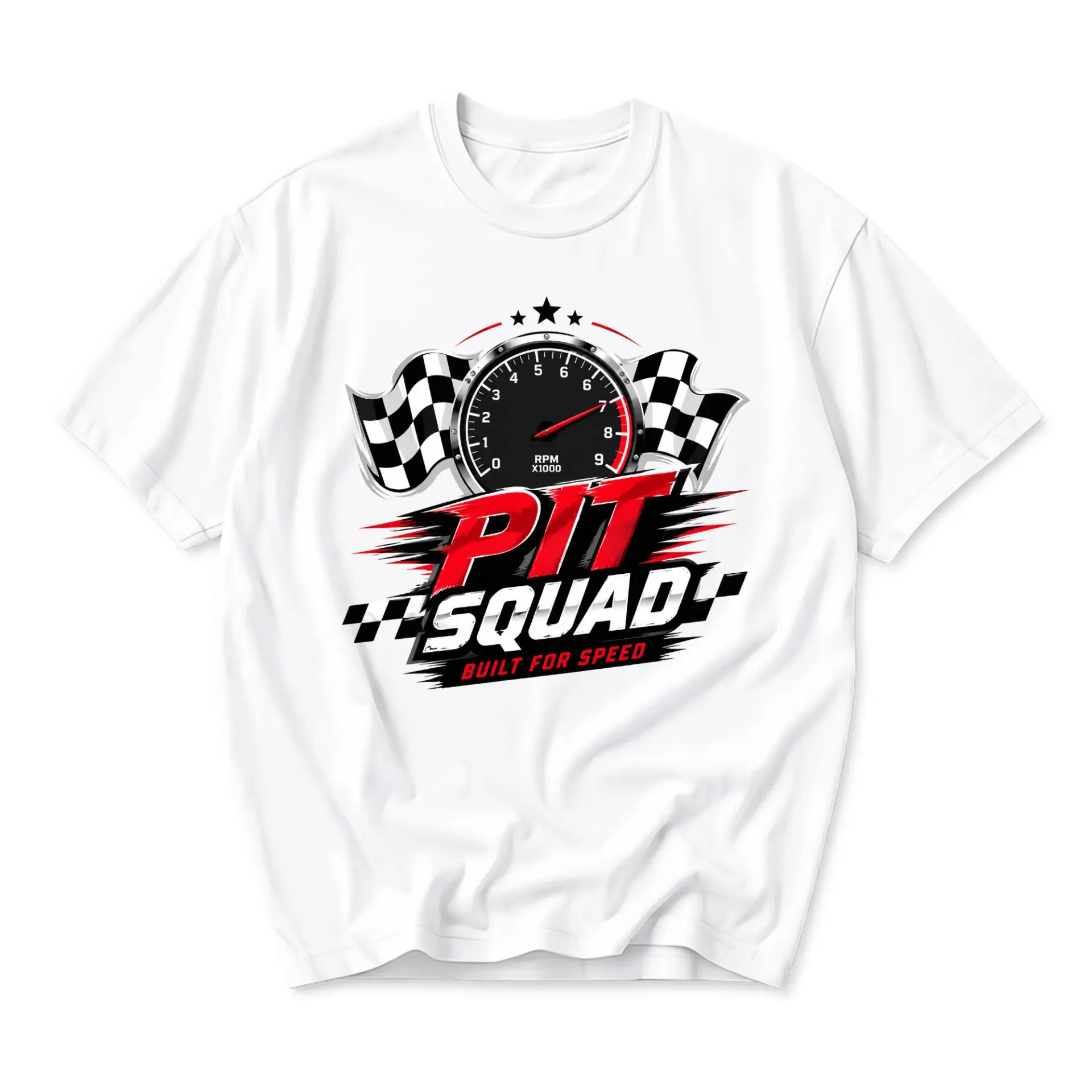 Graphic Tee Pit Squad Built for Speed Racing Car Enthusiast Unisex Crew Neck Shirt for Casual Everyday Outwear