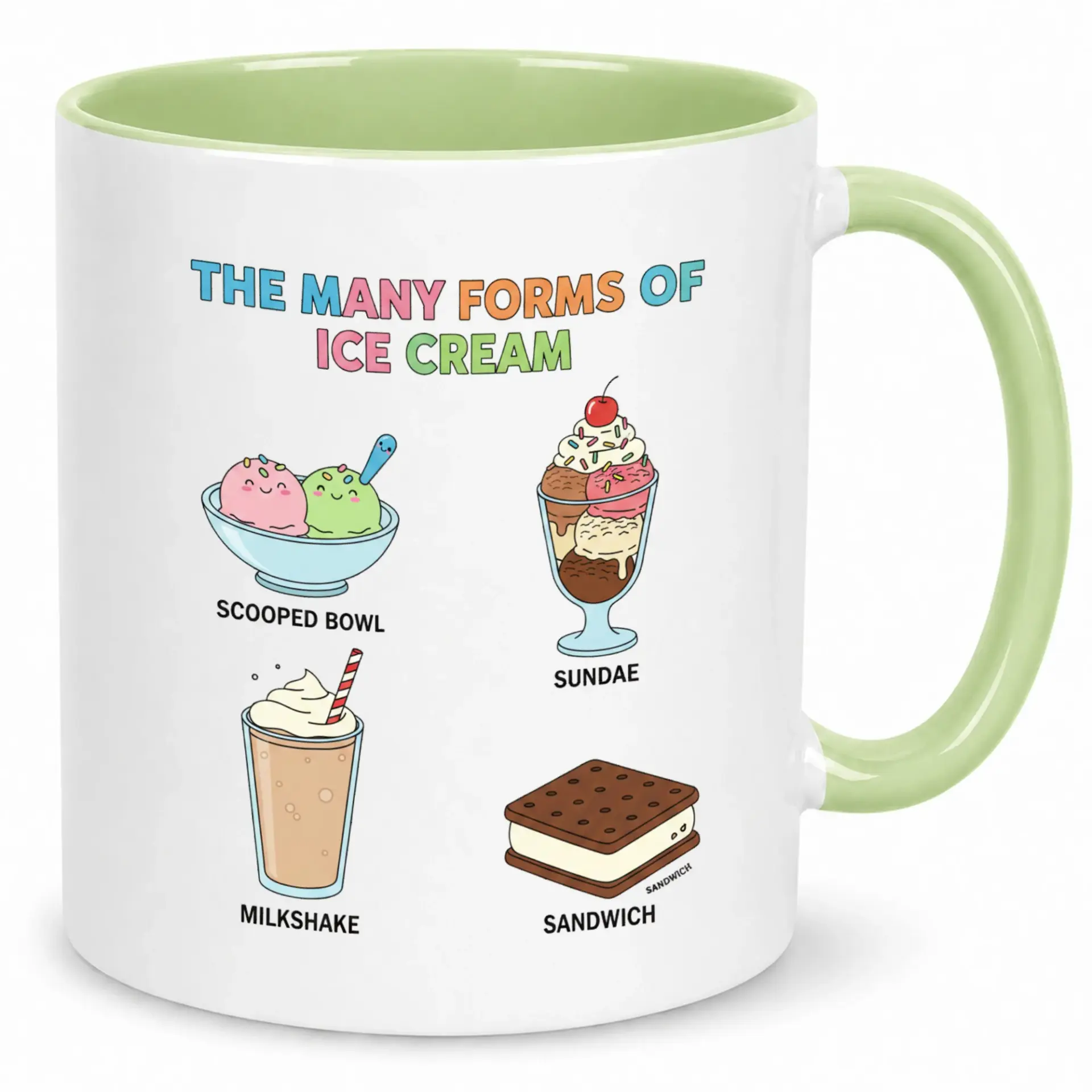 Funny Ice Cream Lover Ceramic Coffee Mug with Delicious Dessert Forms Design, 11oz or 15oz White & Green Handle Cup