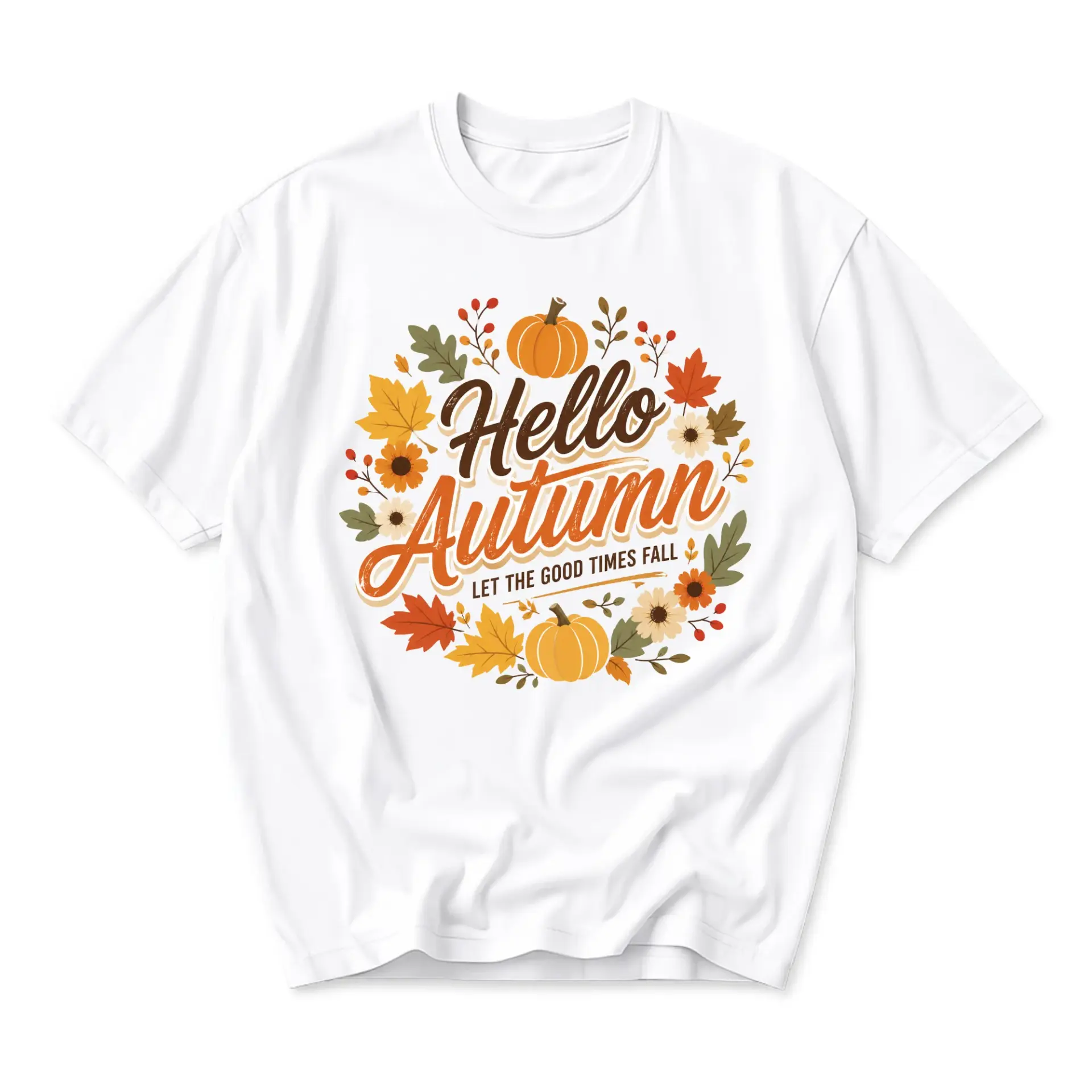 Graphic Tee Hello Autumn Pumpkin Floral Seasonal Design Unisex Crew Neck Short Sleeve Cotton Blend Everyday Shirt