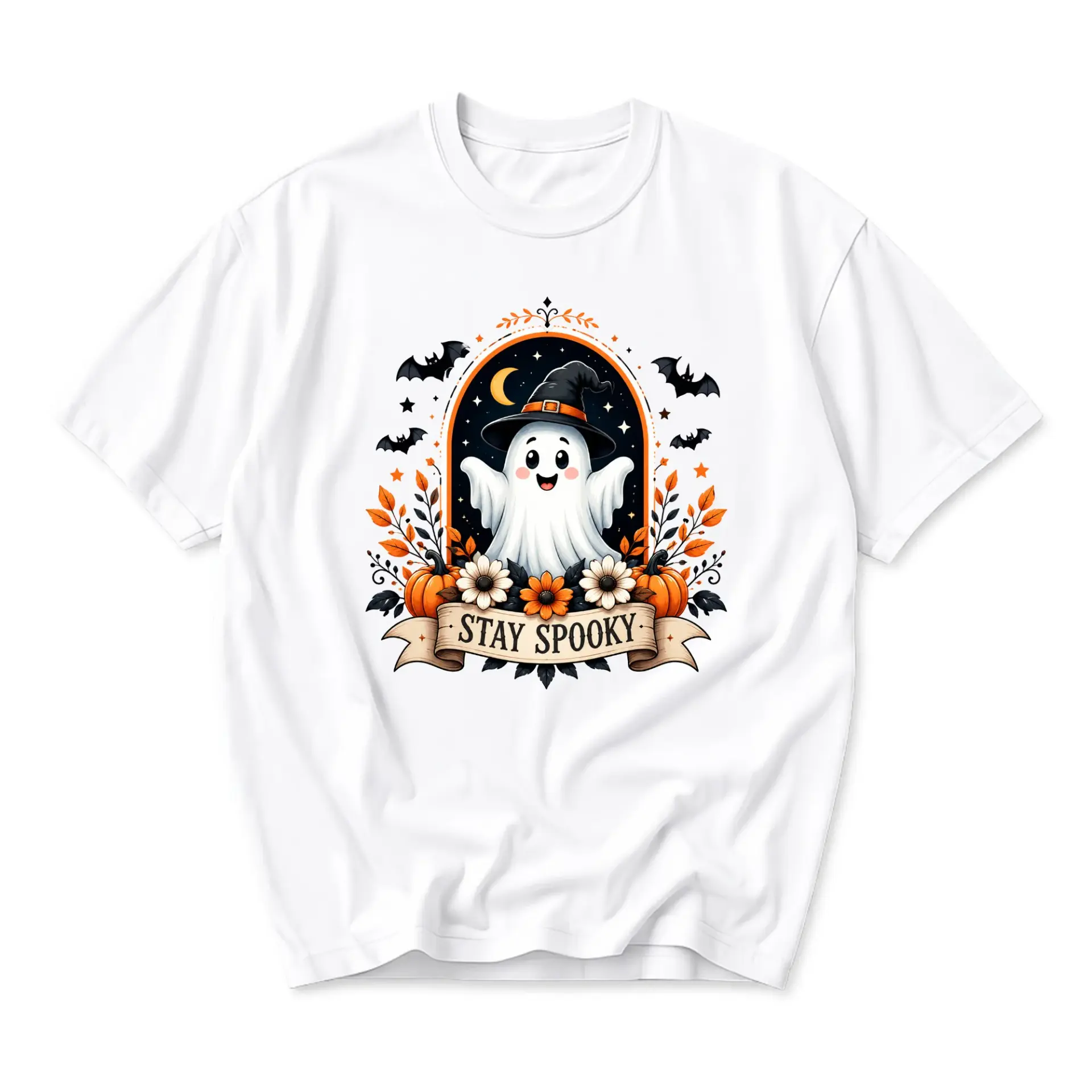 Funny Shirt Stay Spooky Ghost Graphic Tee Seasonal Autumn Halloween Unisex Crew Neck Casual Cotton Blend T-Shirt Top