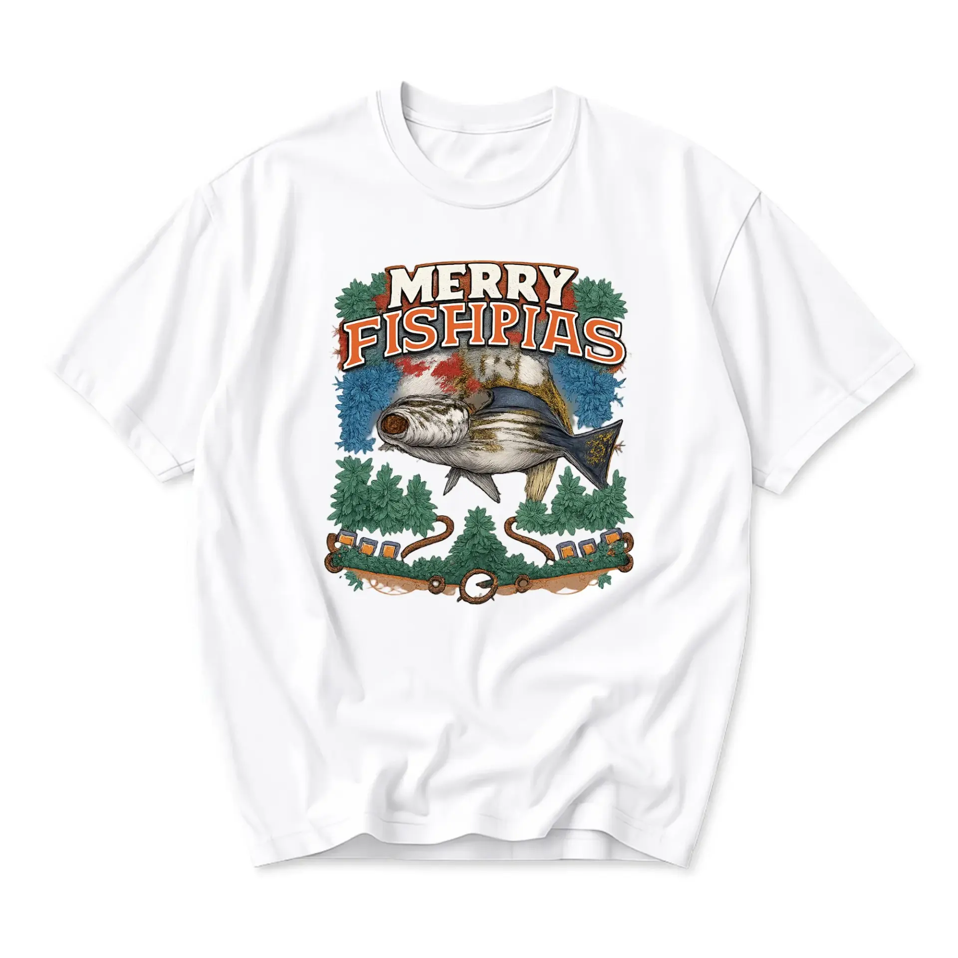 Funny Shirt Merry Fishpias Graphic Tee Unisex Short Sleeve Cotton Crew Neck Casual Top for Fishing Enthusiasts