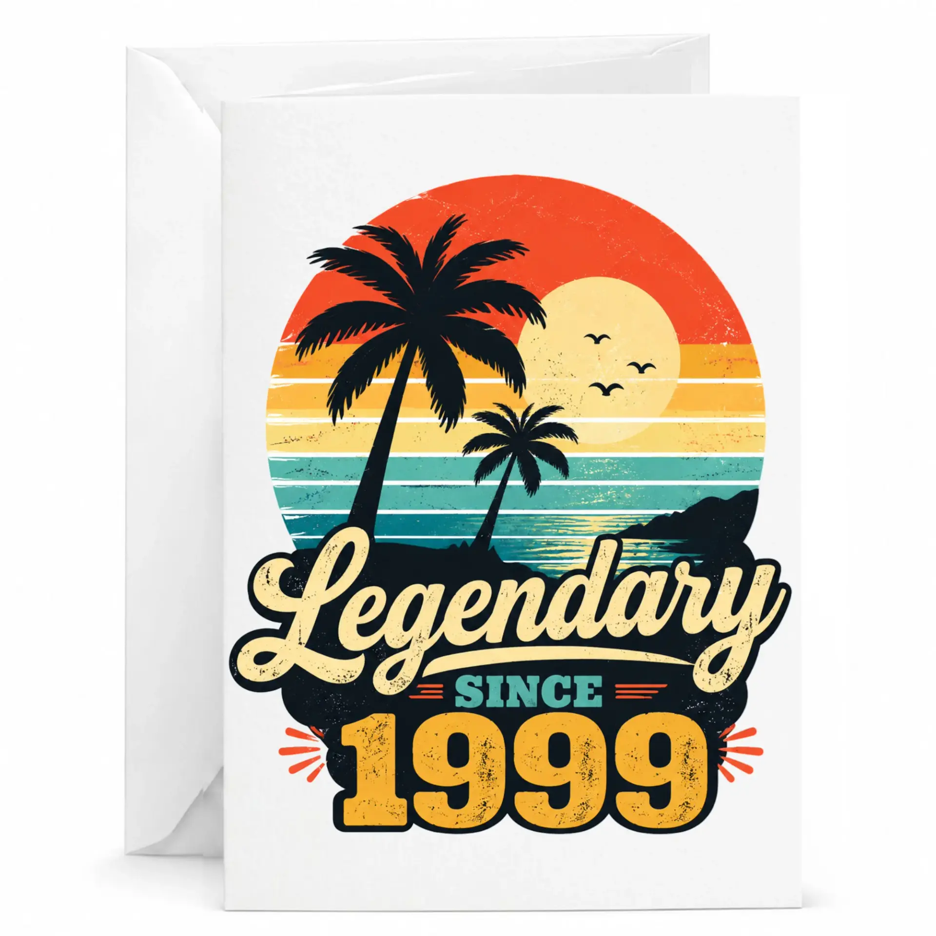 Birthday Card Legendary Since 1999 Vintage Palm Tree Sunset Design for Milestone Celebration Greeting Card