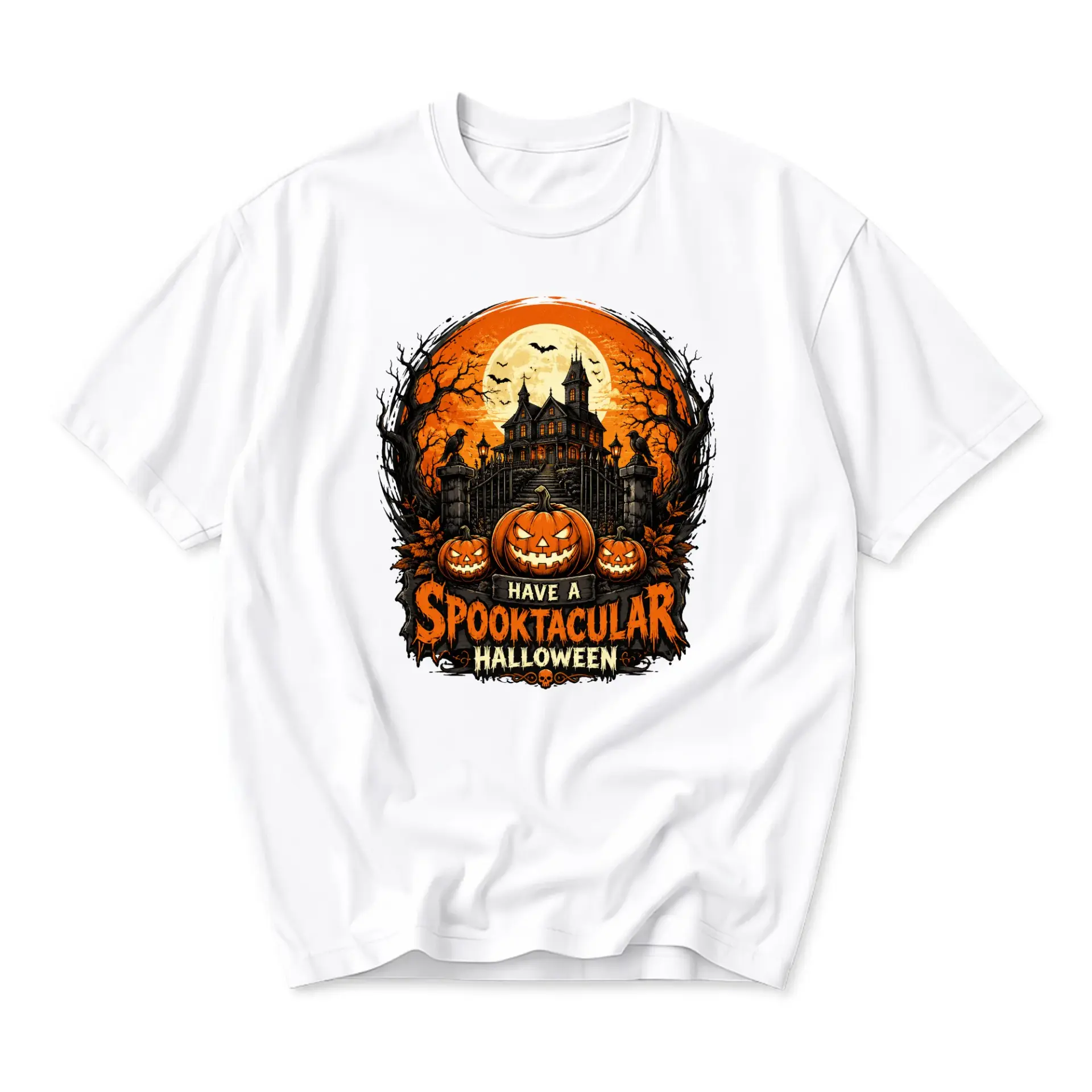 Graphic Tee Unisex Crew-Neck T-Shirt Spooktacular Halloween Haunted House Pumpkin Print Casual Short Sleeve Apparel