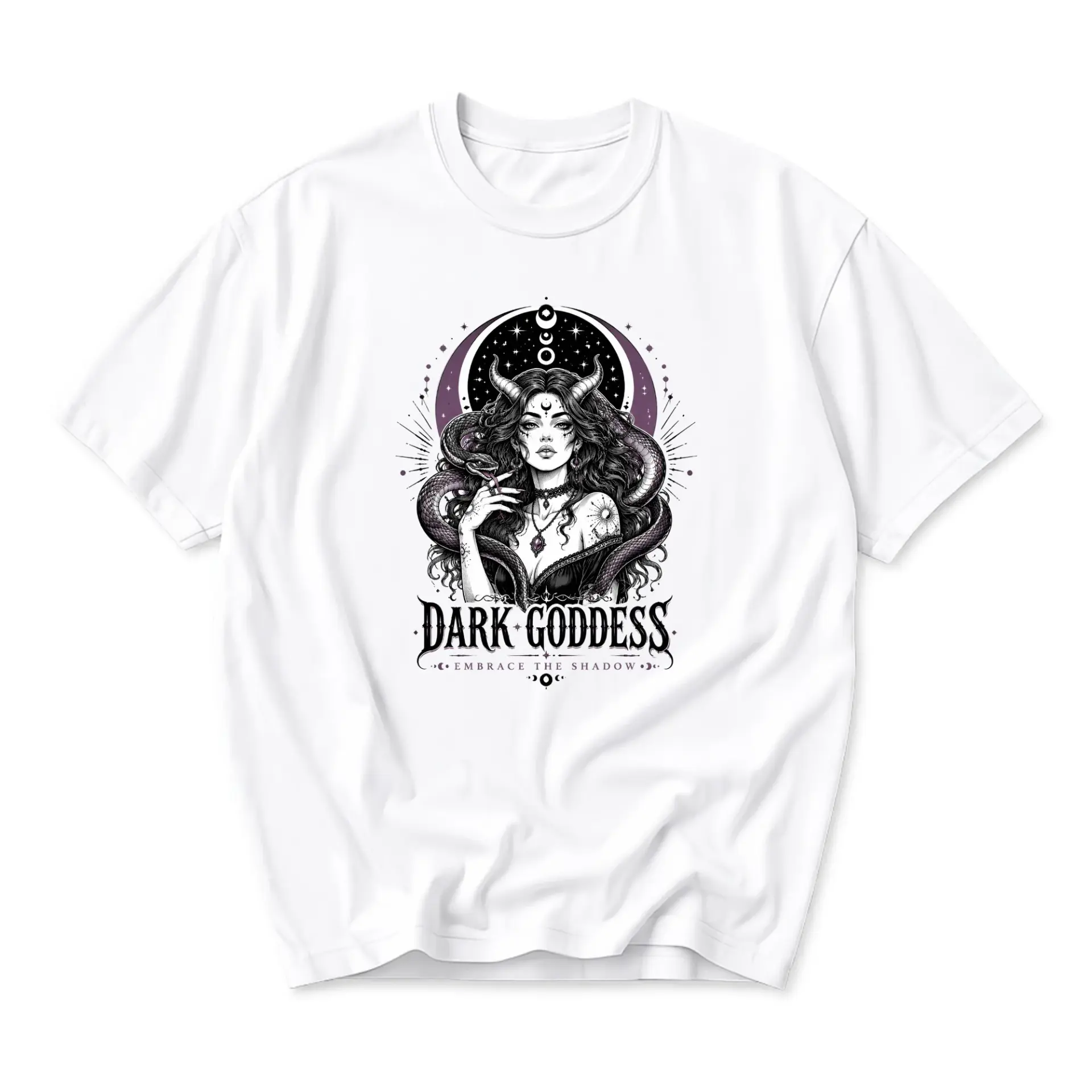 Graphic Tee Dark Goddess Snake Print Unisex Crew Neck Casual Cotton Blend Short Sleeve Shirt for Everyday Style Outfits