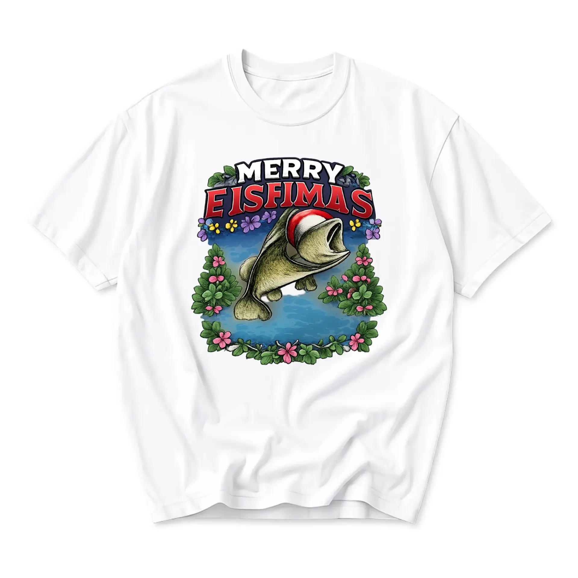 Funny Shirt Merry Eisfimas Fishing Graphic Tee Casual Holiday Season Short Sleeve Unisex Cotton Crew Neck Top