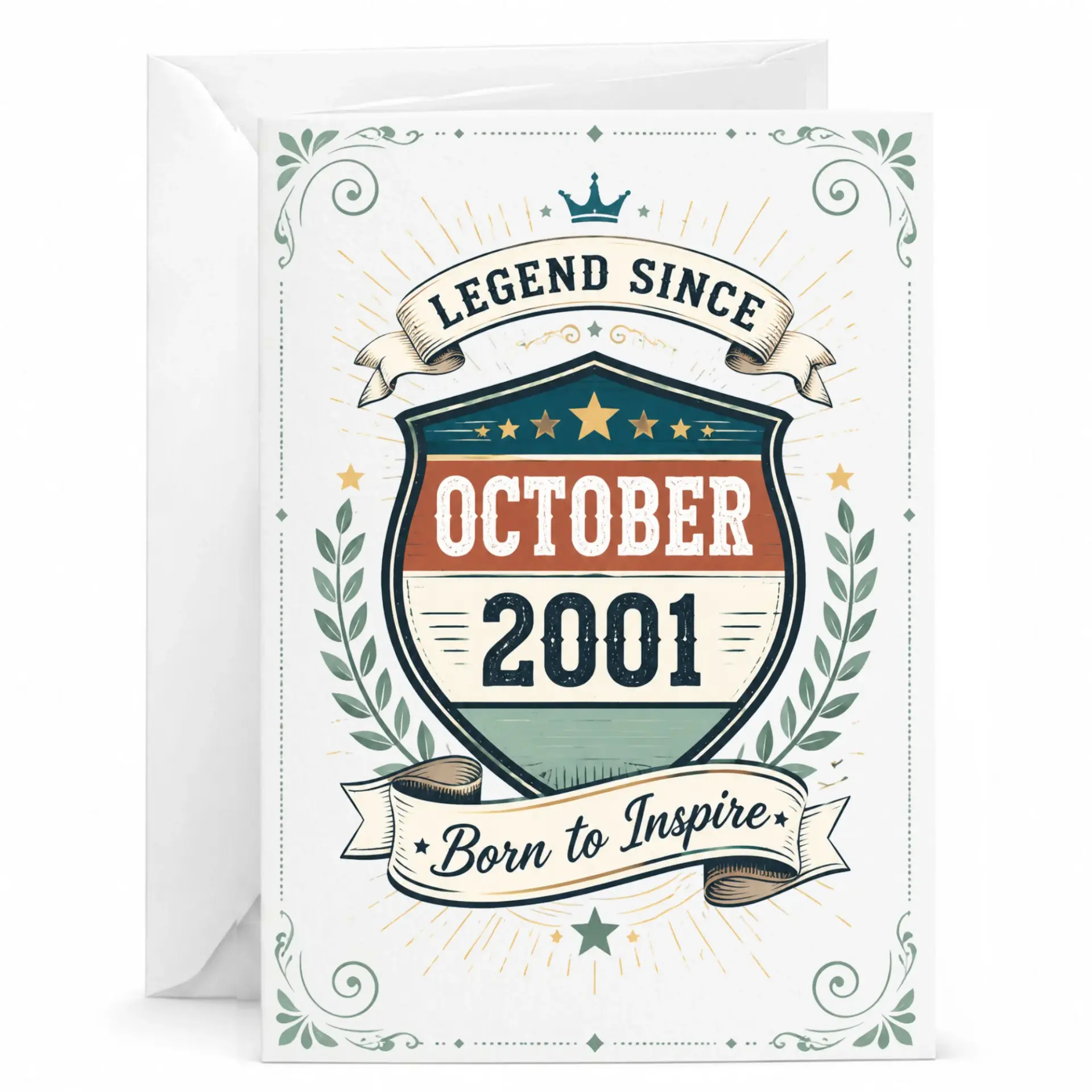 Birthday Card Legend Since October 2001 Born to Inspire Vintage Shield Design Greeting Card with Matching White Envelope