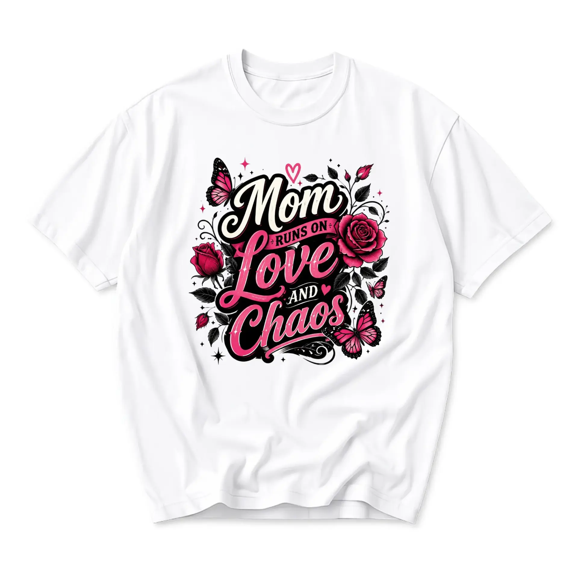 Graphic Tee Mom Runs on Love and Chaos Casual Unisex Short Sleeve Crew Neck Cotton Blend Shirt Floral Butterfly Design