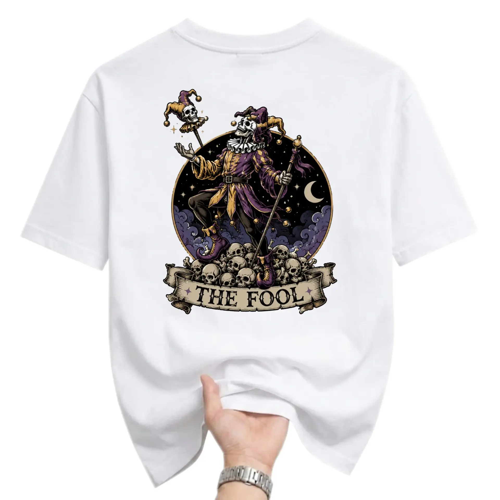 Graphic Tee the Fool Jester Skeleton Tarot Card Design Unisex Crew Neck Short Sleeve Casual Cotton T-Shirt