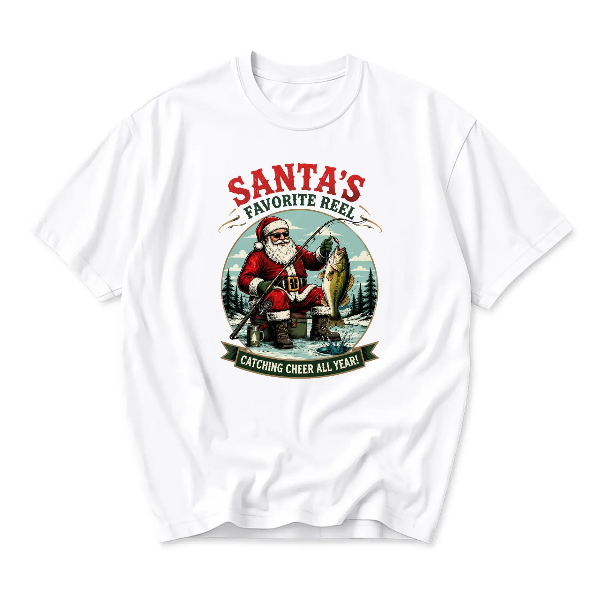 Funny Shirt Santa Fishing Graphic Tee Holiday Unisex Crew Neck Casual Cotton Blend Short Sleeve Apparel for Adults