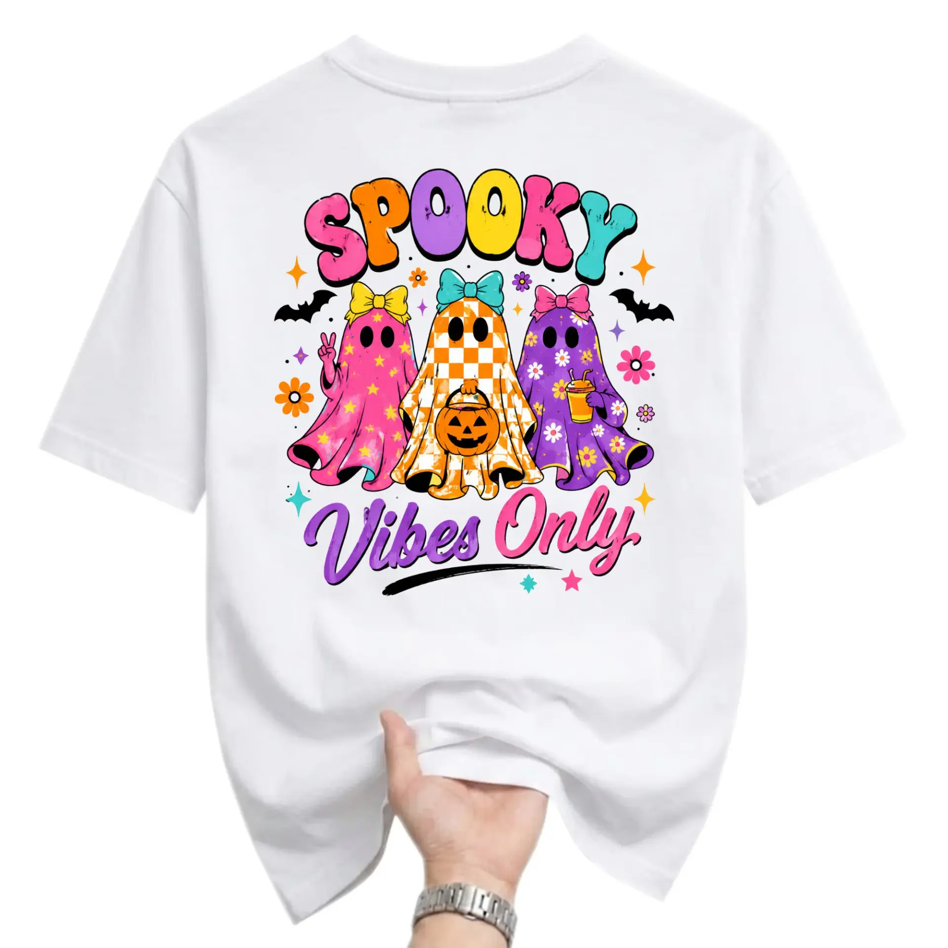 Graphic Tee Spooky Vibes Only Retro Halloween Shirt Featuring Colorful Ghosts for Everyday Casual Fall Season Outfits