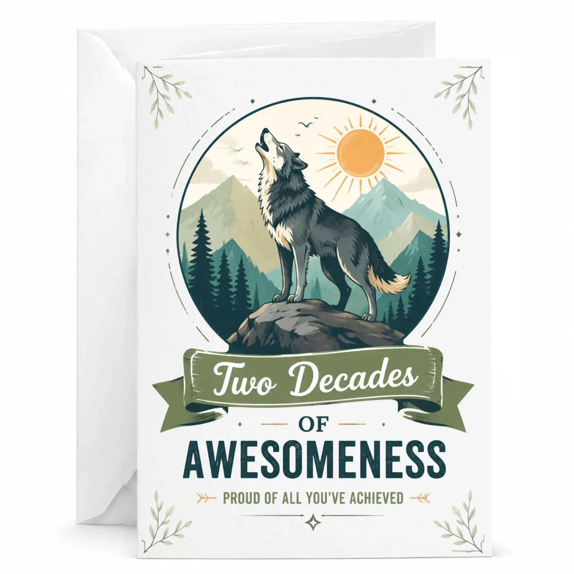 Birthday Card Two Decades of Awesomeness Greeting Card Featuring Howling Wolf Design for Milestone 20th Celebration