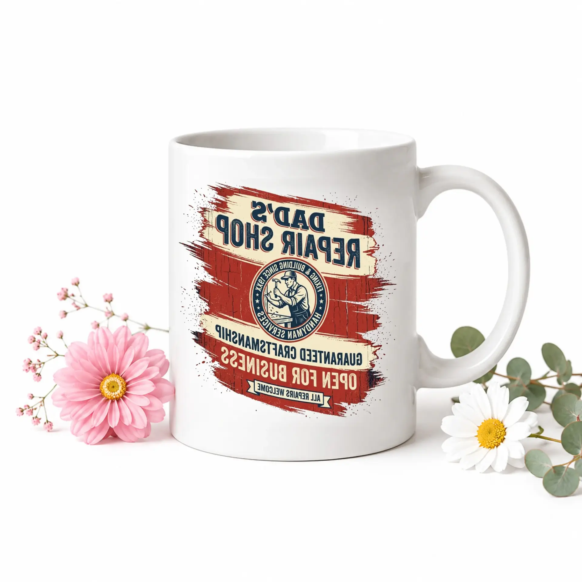 Artistic Dad Repair Shop Ceramic Mug with Contrast Handle Featuring Vintage Style Handyman Services Design Graphic Print
