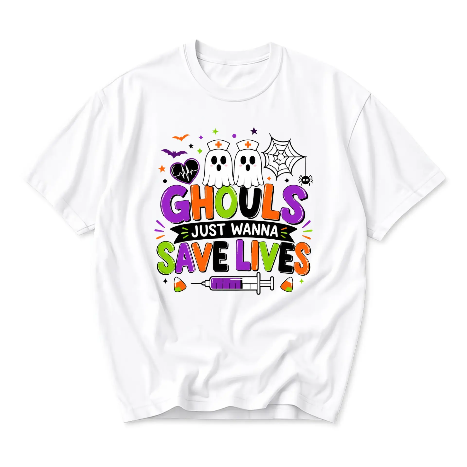 Graphic Tee Ghouls Just Wanna Save Lives Halloween Nurse Shirt Unisex Crew Neck Apparel for Medical Professionals