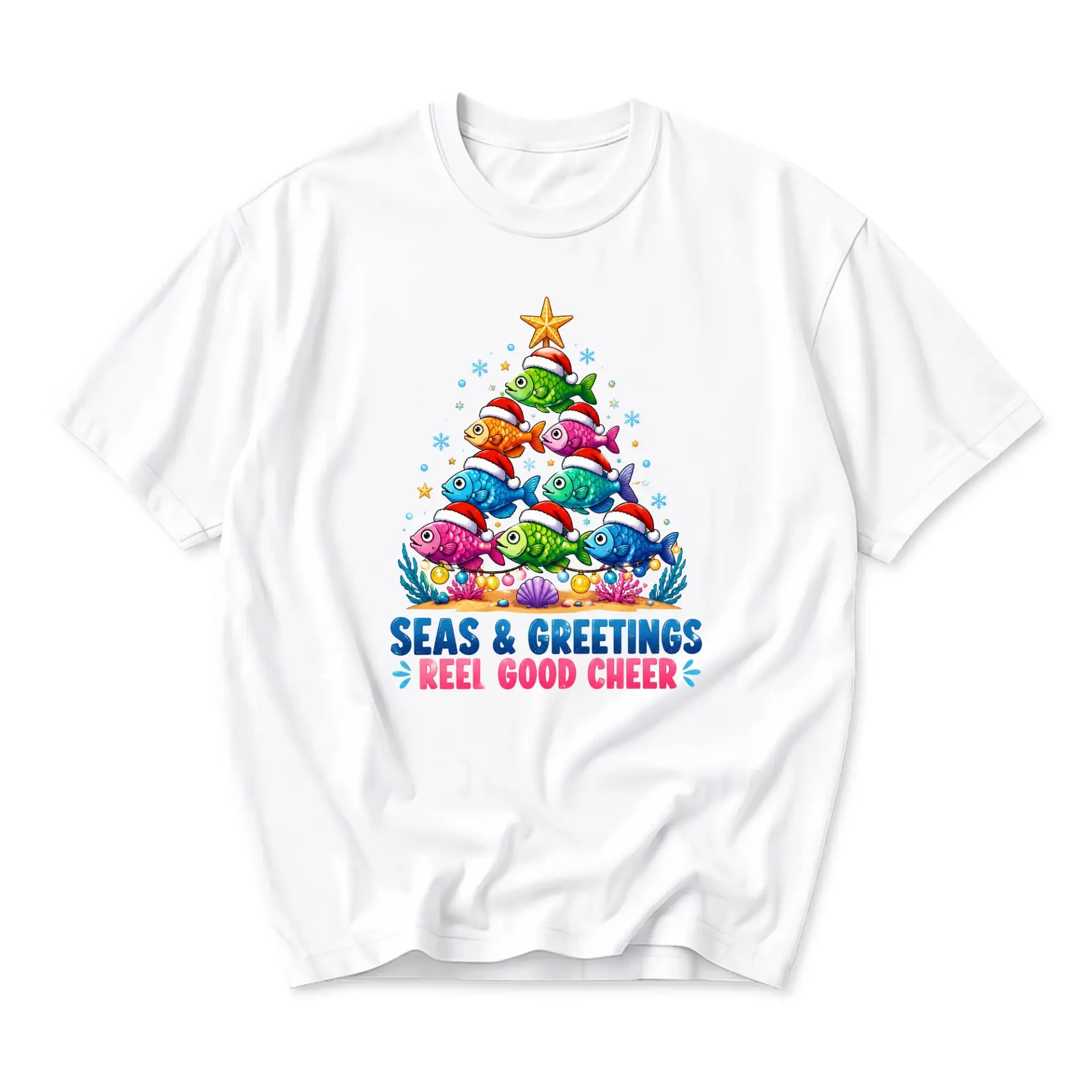 Graphic Tee Seas and Greetings Reel Good Cheer Holiday Fishing Themed