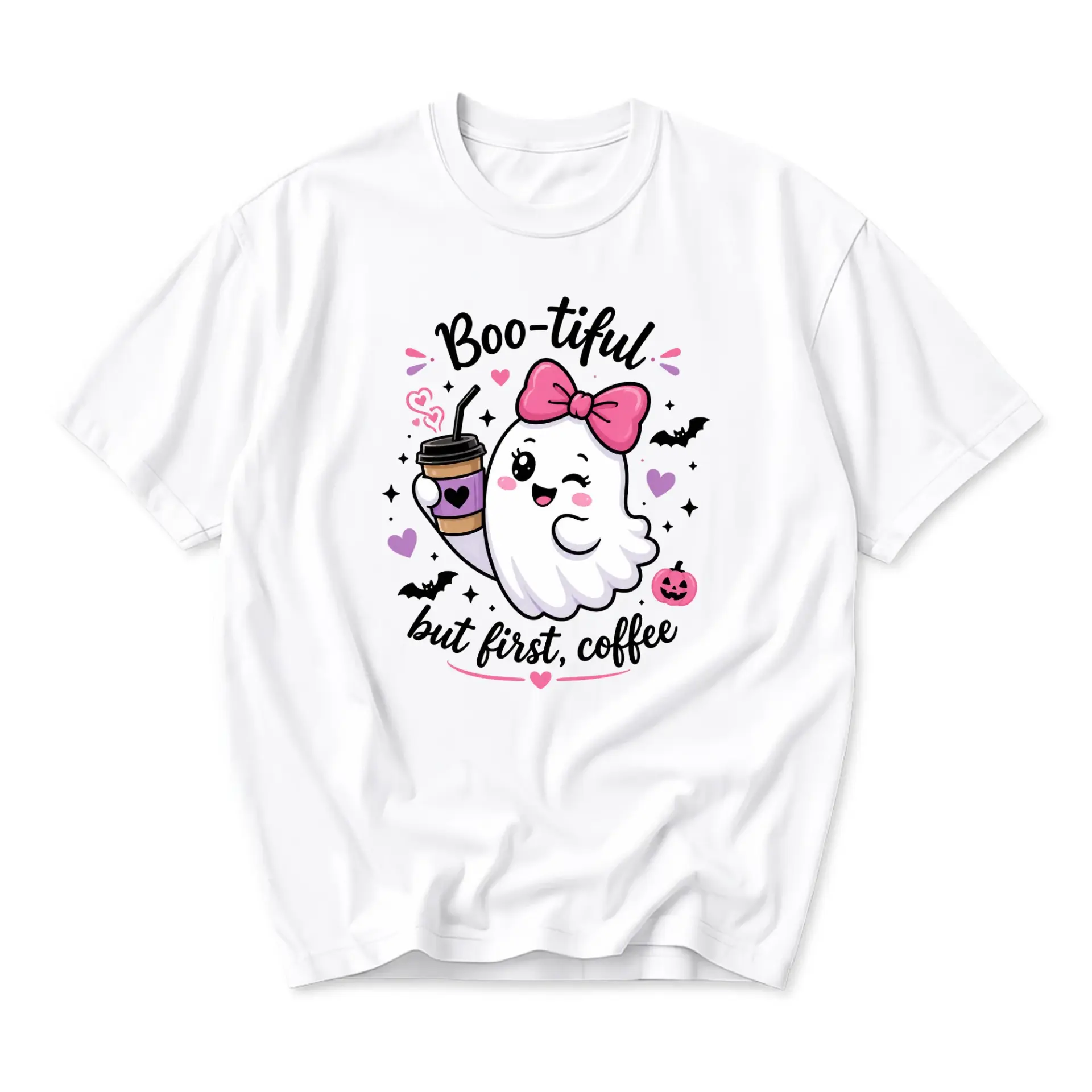 Funny Shirt Boo-Tiful but First Coffee Ghost Graphic Tee Casual Unisex Crew Neck Short Sleeve Soft Cotton Apparel