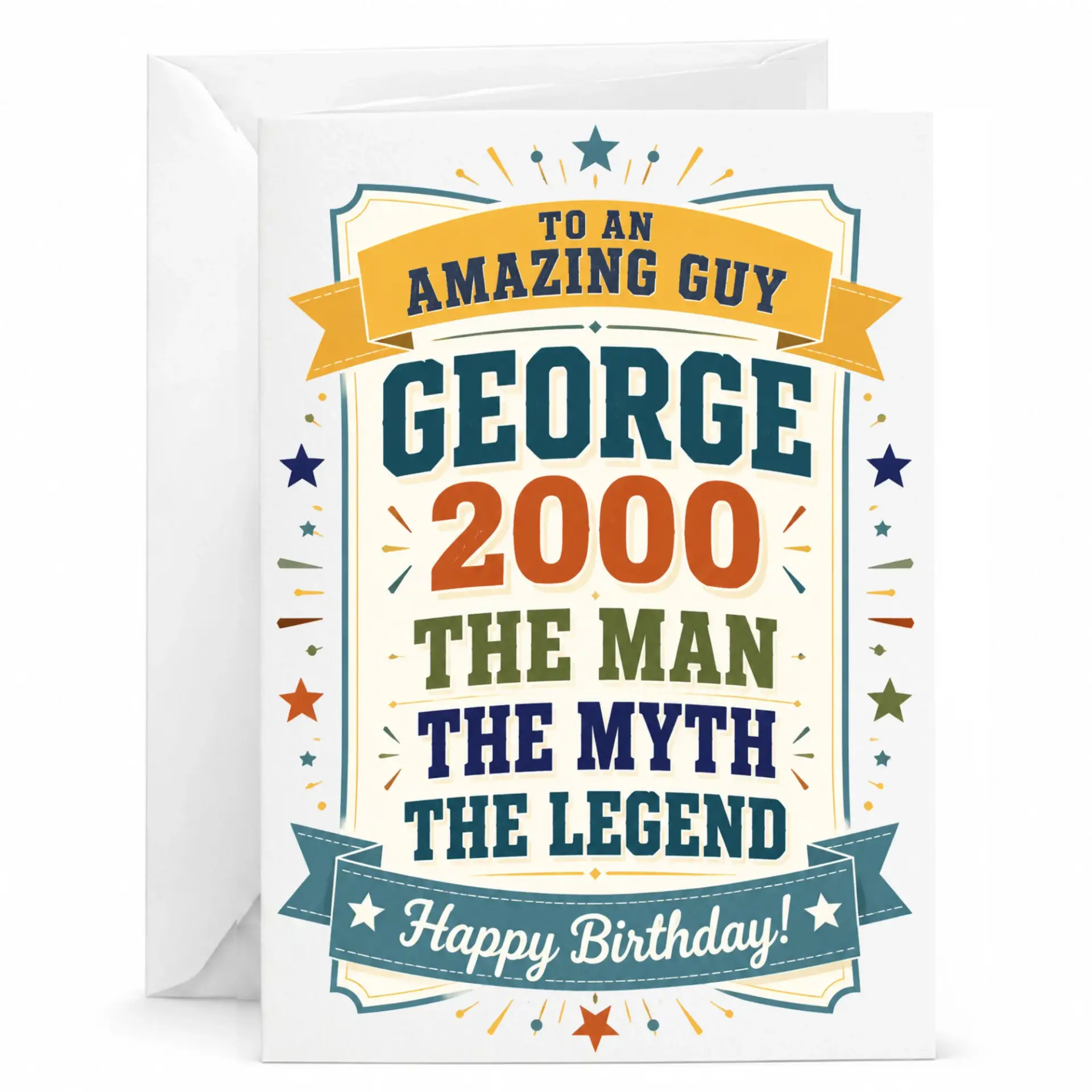 Birthday Card for George, Custom Personalized Funny Man Myth Legend Greeting Card for Him, Includes Matching Envelope
