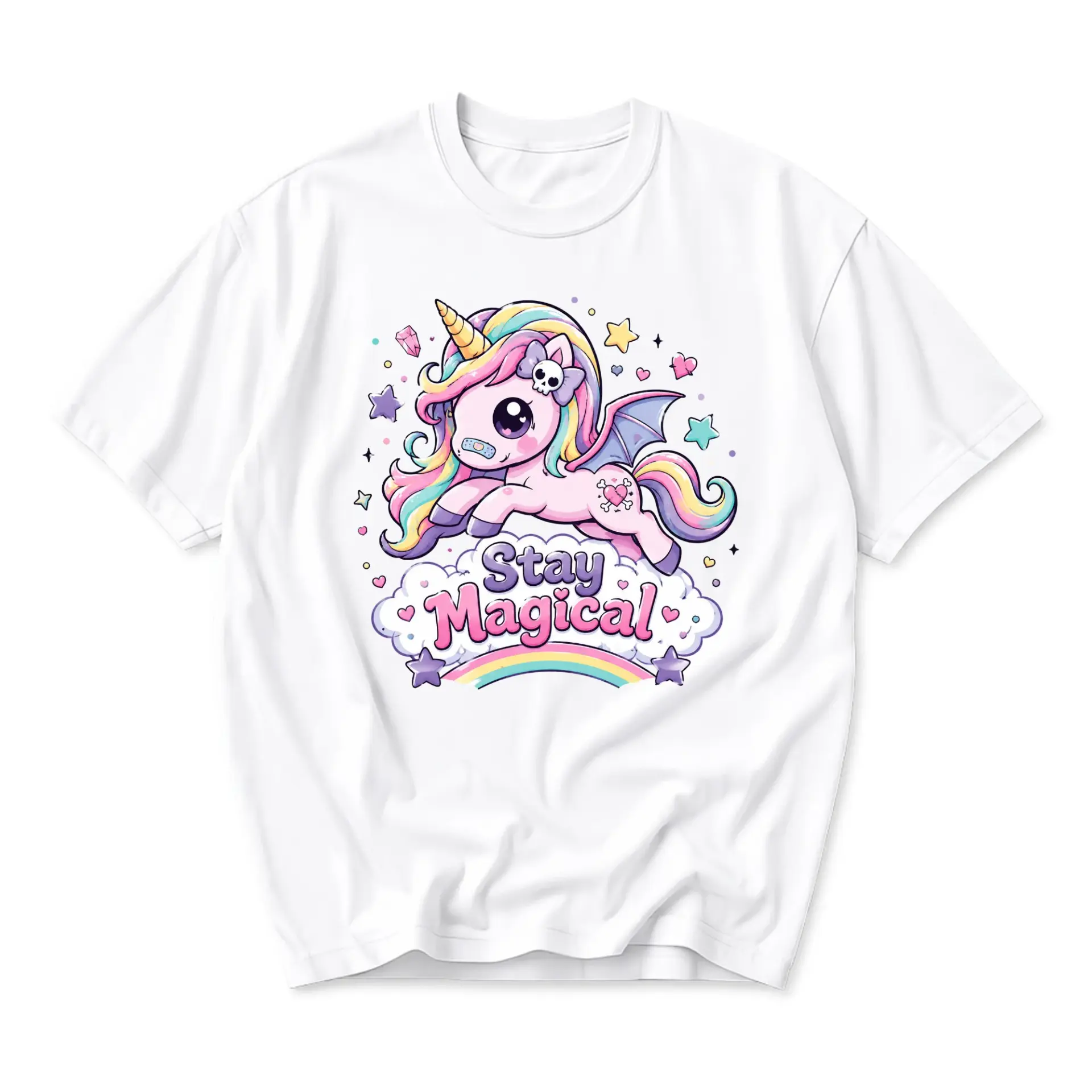 Graphic Tee Stay Magical Unicorn Print Unisex Casual Crew Neck T-Shirt Soft Breathable Everyday Wear White Cotton Top