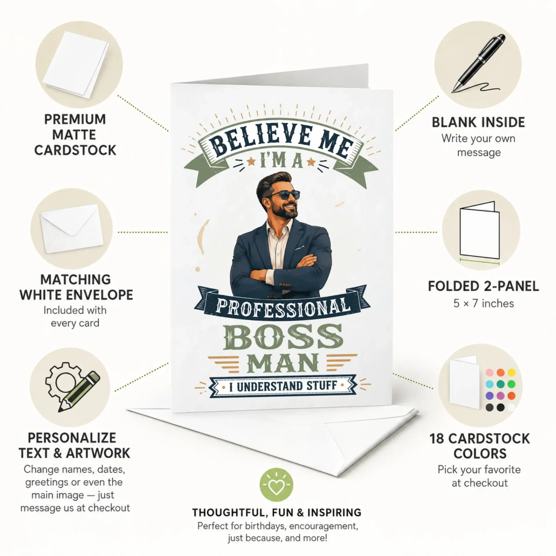 Funny Professional Boss Man Greeting Card for Work Success or Retirement Gift, Humorous Masculine Achievement Note