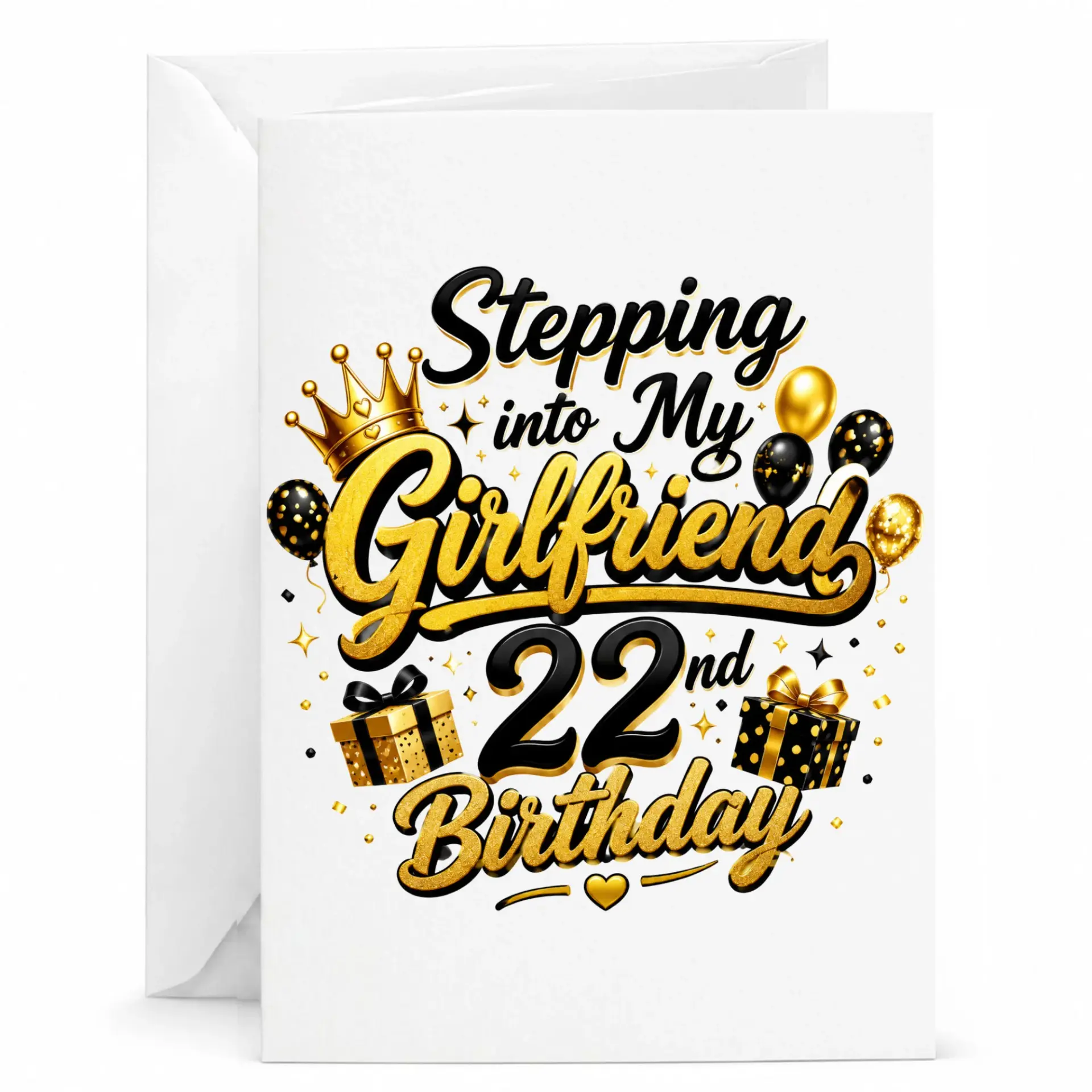Birthday Card for Girlfriend Stepping into 22nd Birthday Gold and Black Glamorous Gift Greeting Card 5x7 Inches