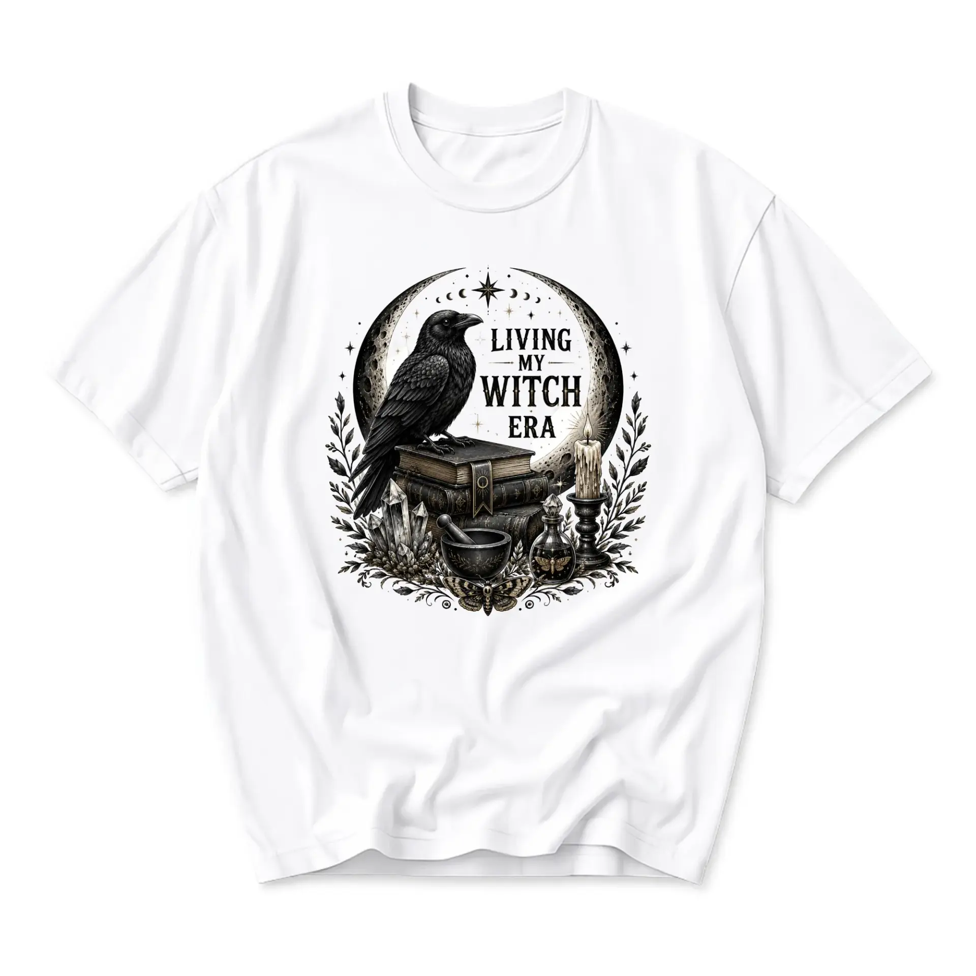 Graphic Tee Living My Witch Era Raven Book Moon Celestial Print Unisex Casual Cotton Crew Neck Short Sleeve Shirt