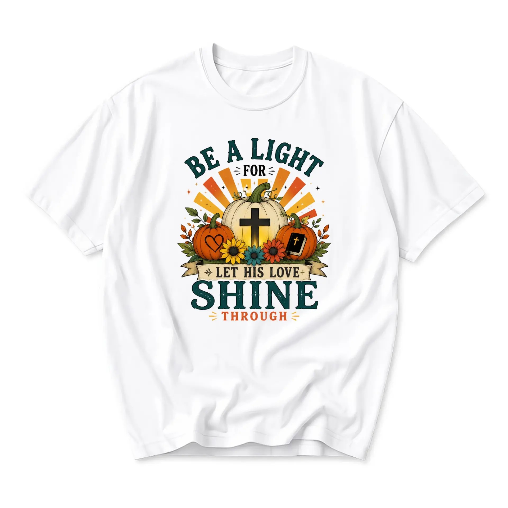 Graphic Tee Be a Light Let His Love Shine Through Inspirational Fall Pumpkin Shirt Unisex Short Sleeve Crew Neck Top