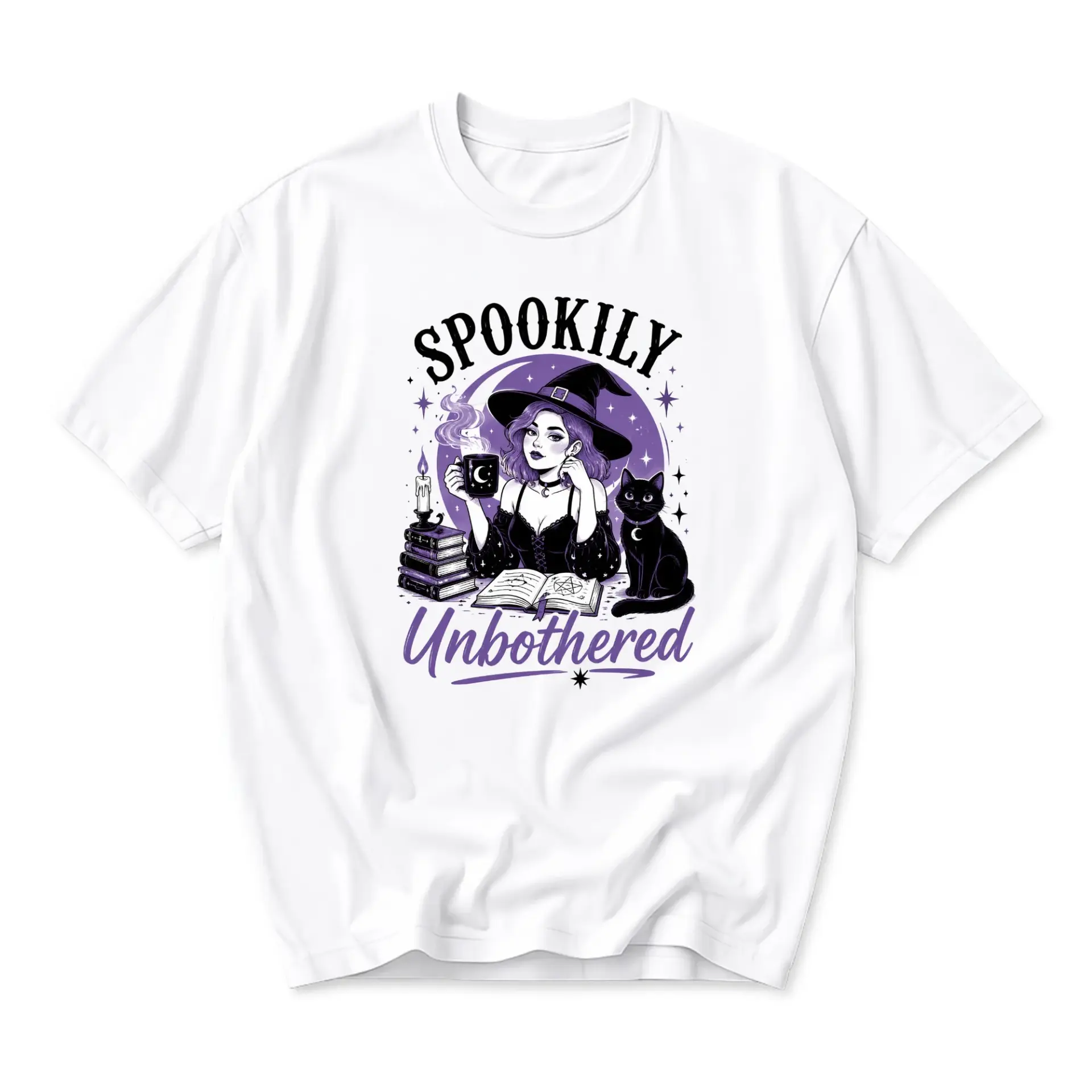 Graphic Tee Spookily Unbothered Witch Illustration Unisex Crew Neck Soft Cotton Casual Everyday Top Aesthetic Apparel