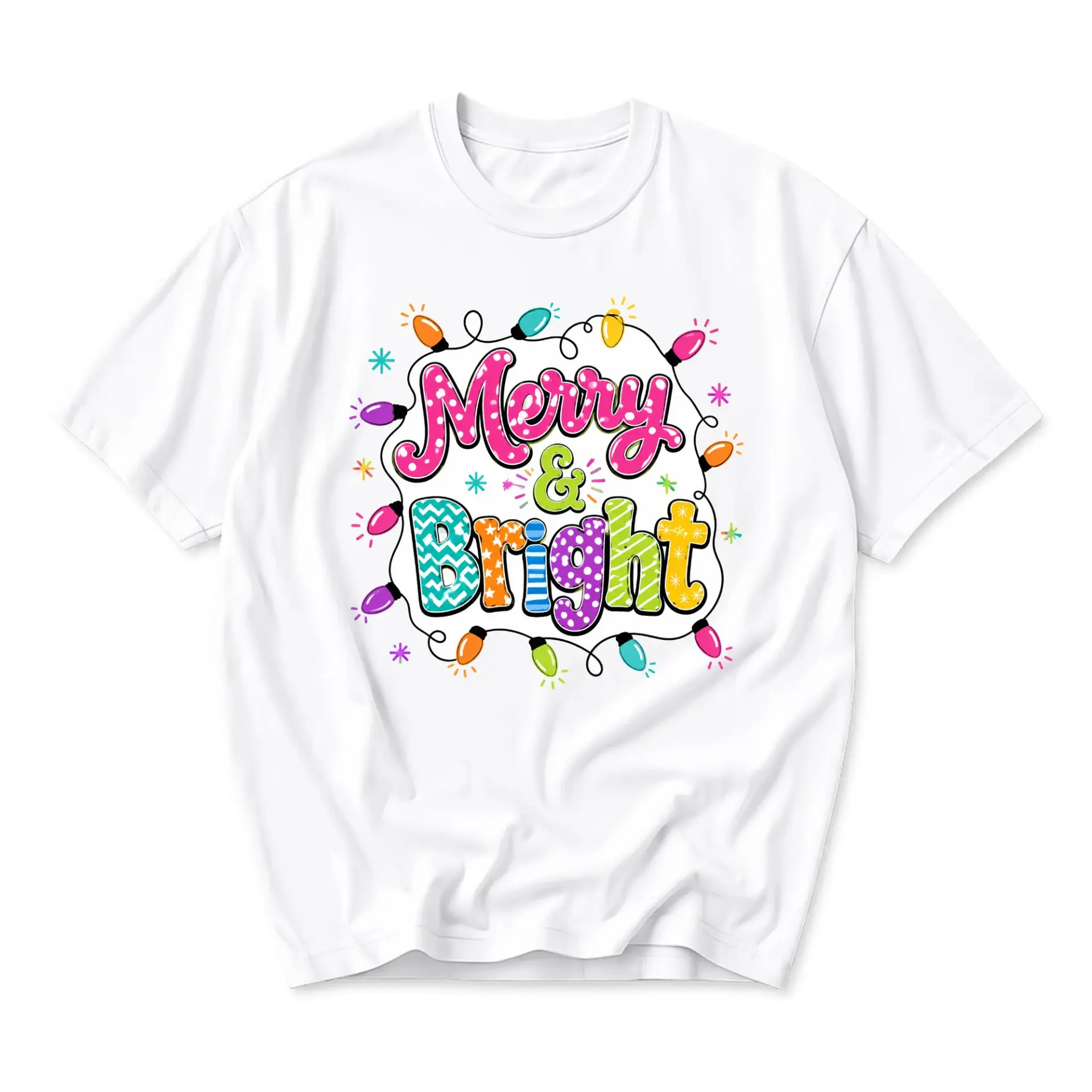 Graphic Tee Merry and Bright Holiday Lights Print Unisex Cotton Casual Crew