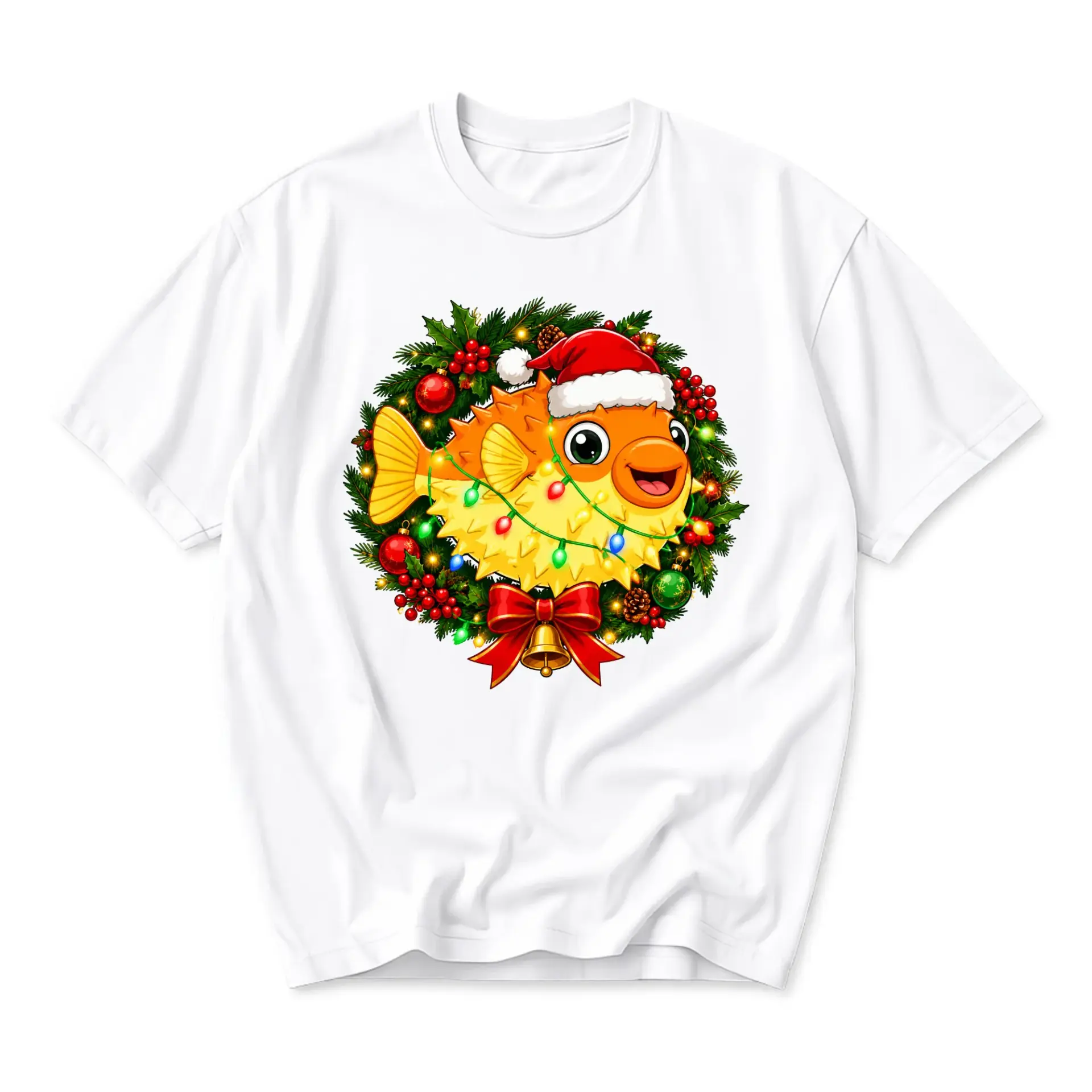 Funny Shirt Wearing Santa Hat in Christmas Wreath Graphic Tee Unisex Casual