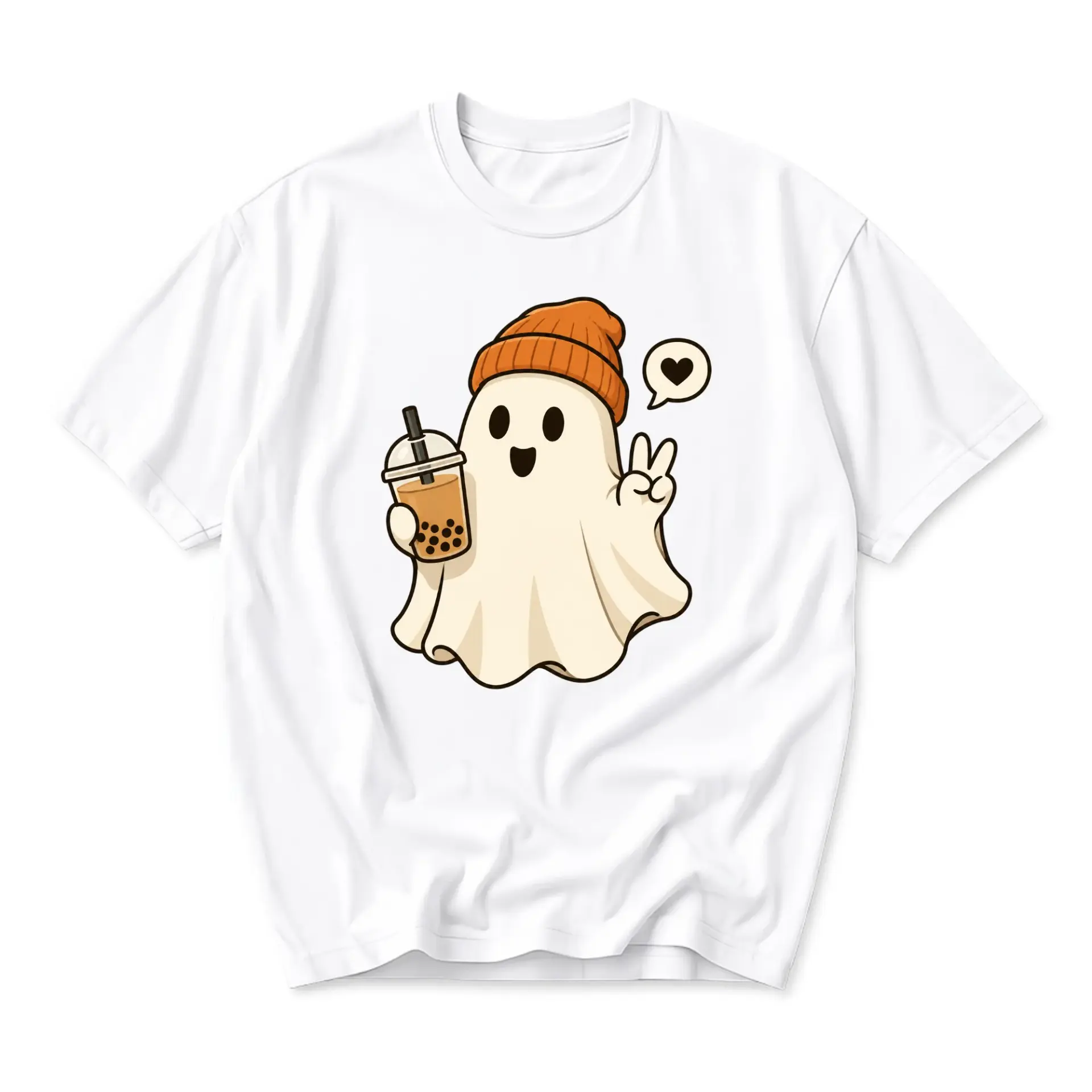 Graphic Tee Unisex Crew Neck Short Sleeve Casual Shirt Featuring Cute Cartoon Ghost Drinking Bubble Tea Design