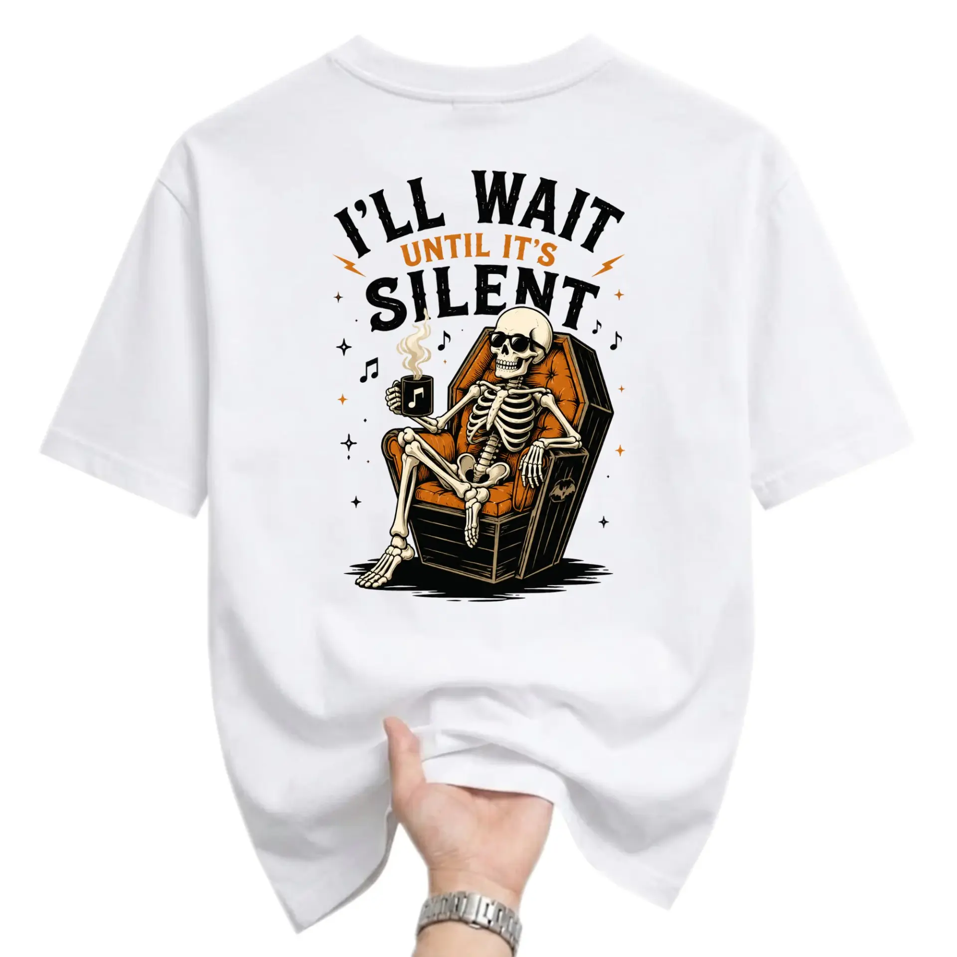 Funny Shirt I'll Wait Until It's Silent Skeleton Coffee Graphic Tee Unisex Casual Cotton Crew Neck Short Sleeve