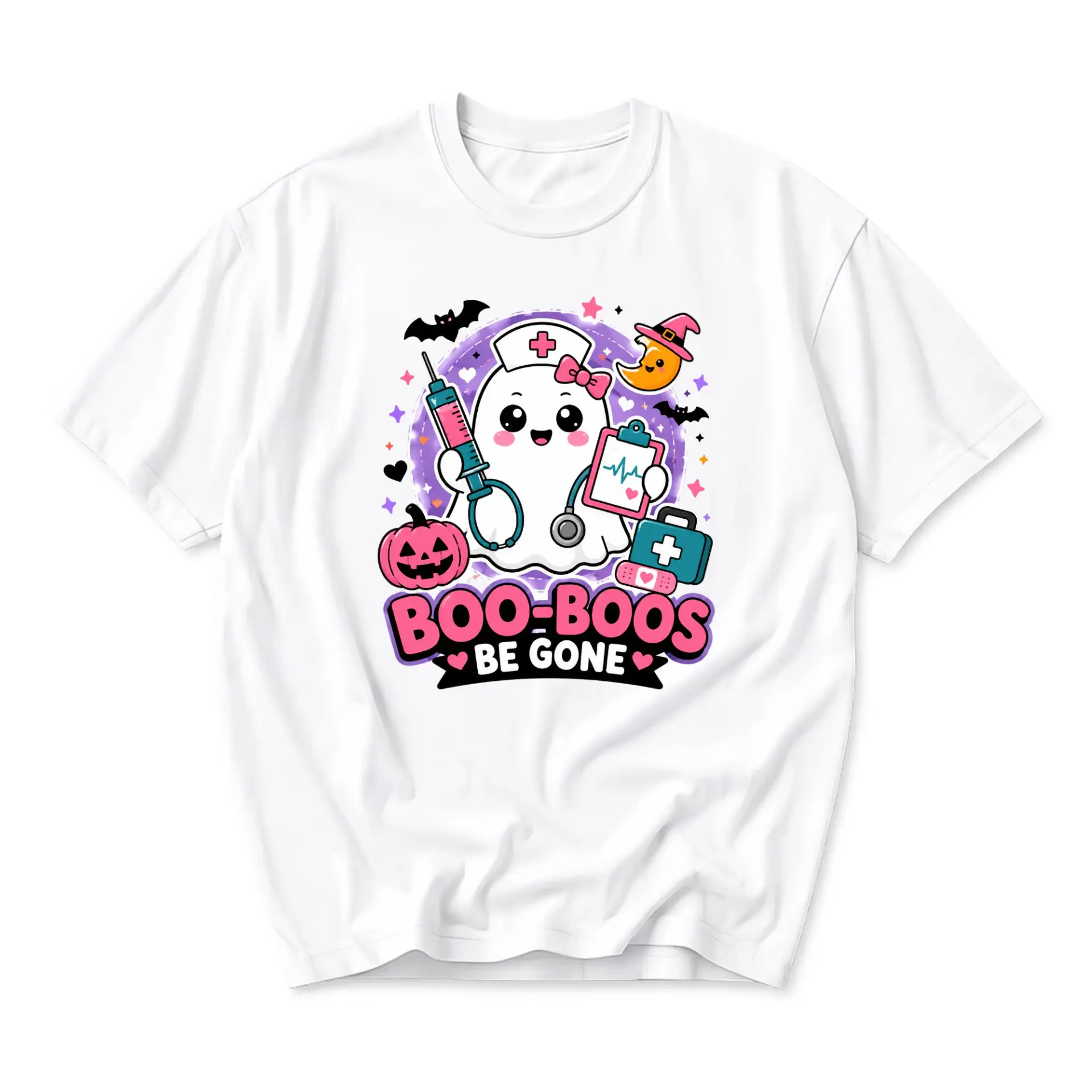 Graphic Tee Unisex Crew Neck T-Shirt Boo-Boos Be Gone Cute Ghost Nurse Illustration Soft Cotton Everyday Casual Shirt