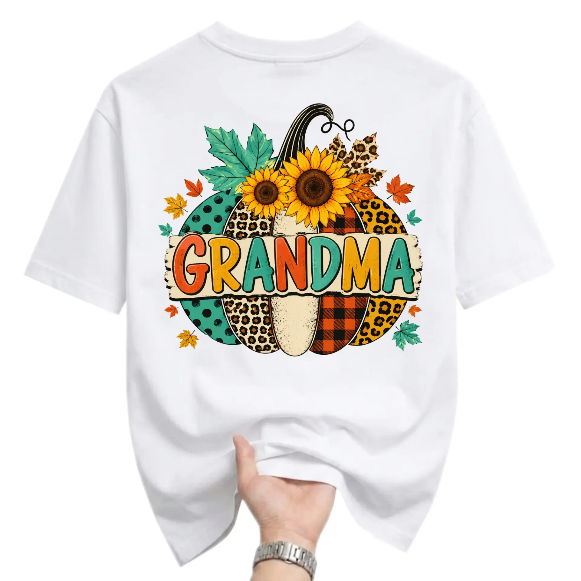 Graphic Tee Grandma Pumpkin Sunflower Fall Theme Unisex Cotton Blend Casual Crew Neck Short Sleeve Shirt Apparel Top
