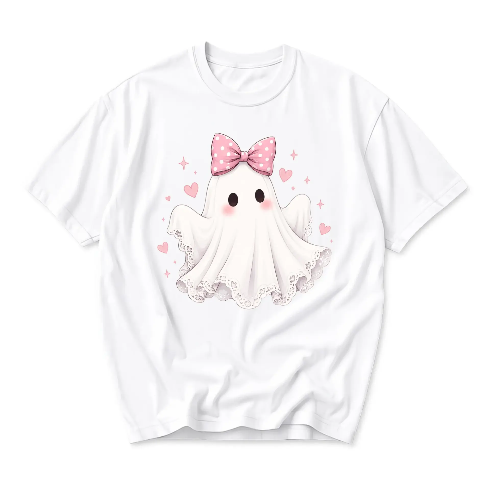 Graphic Tee Cute Ghost Wearing Pink Polka Dot Bow Illustration Unisex Crew Neck Soft Cotton Casual Shirt White
