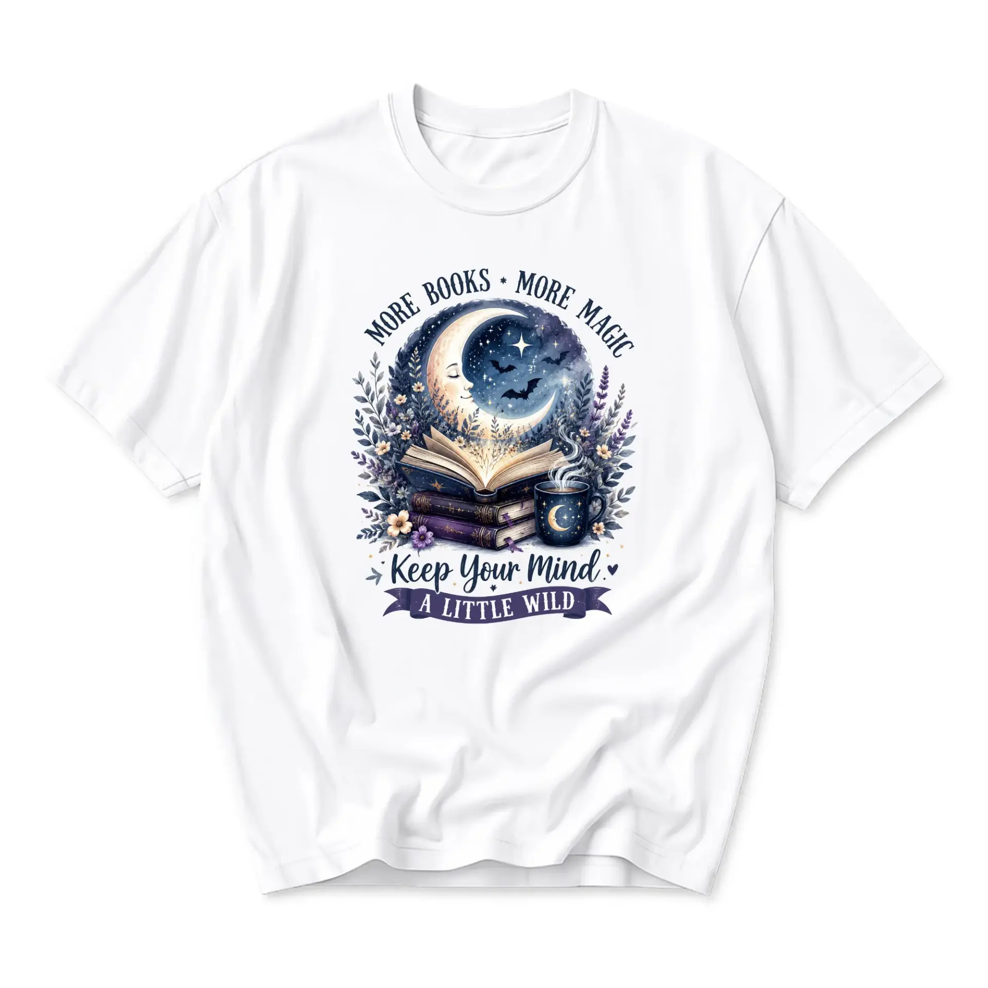 Graphic Tee More Books More Magic Celestial Illustration Unisex Casual Short Sleeve Shirt for Readers and Book Lovers