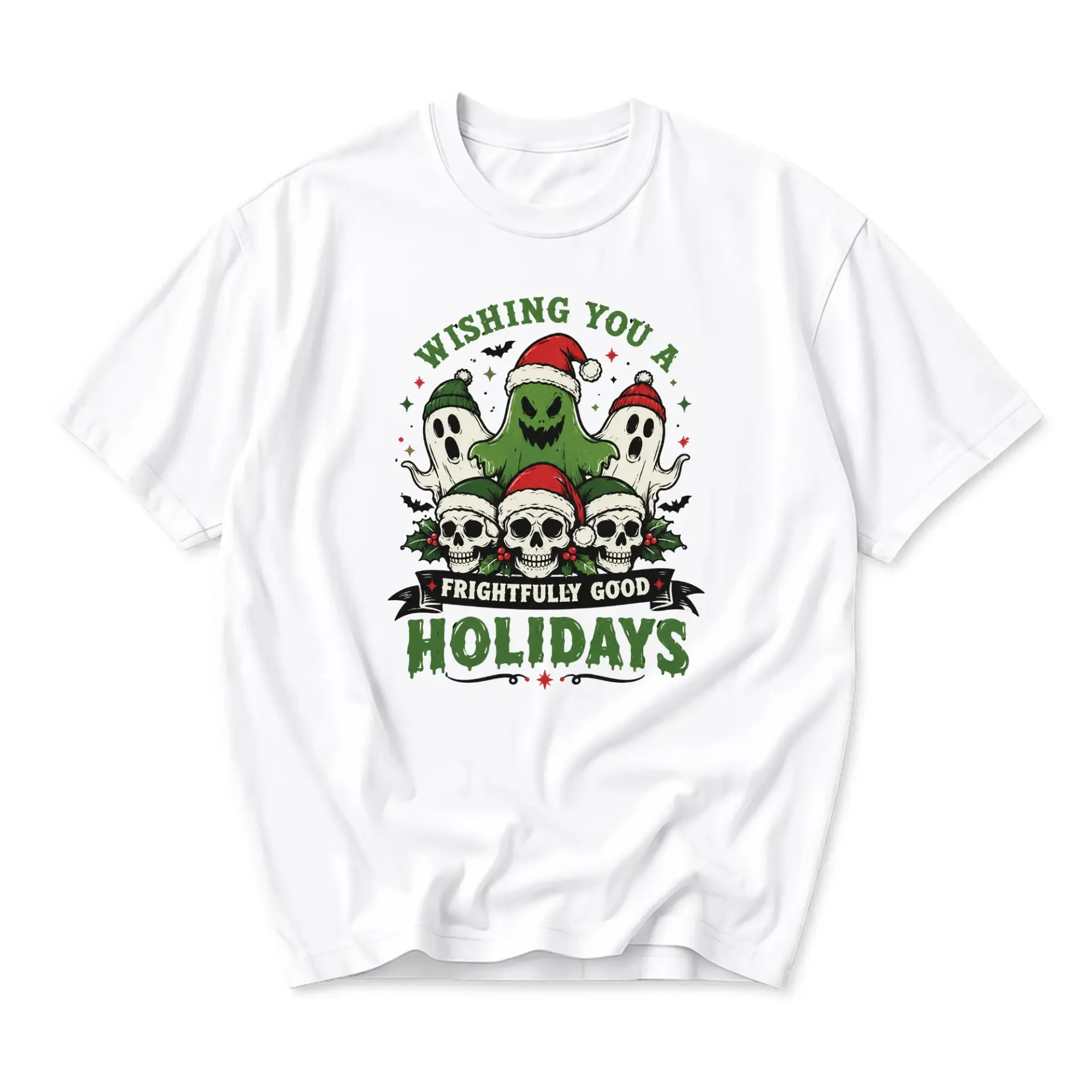 Funny Shirt Wishing You a Frightfully Good Holidays Graphic Tee Spooky Christmas Winter Seasonal Casual Cotton T-Shirt
