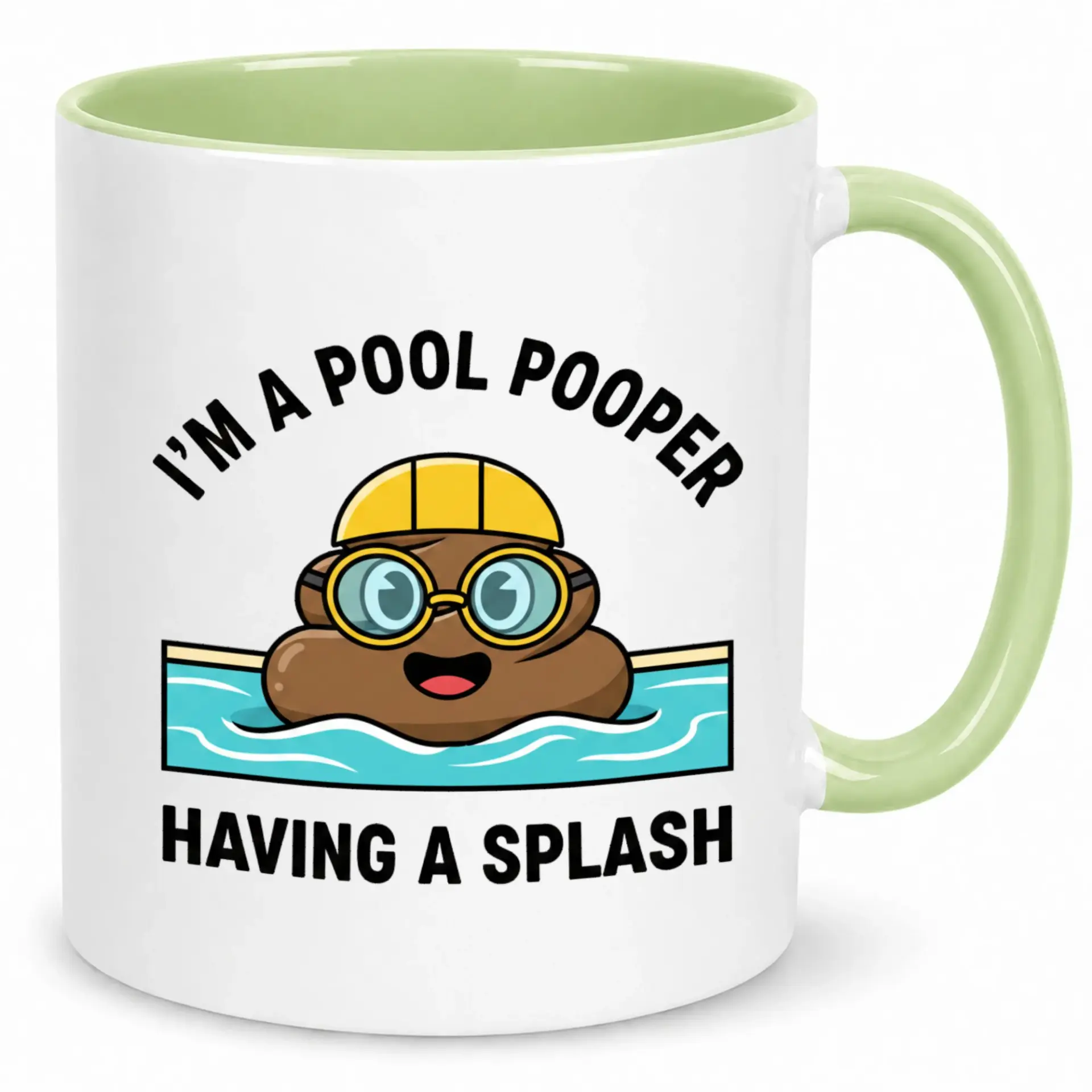 Funny Coffee Mug for Swimmers with Poop Character Design - Humorous Pool-Themed White and Green Ceramic Beverage Cup
