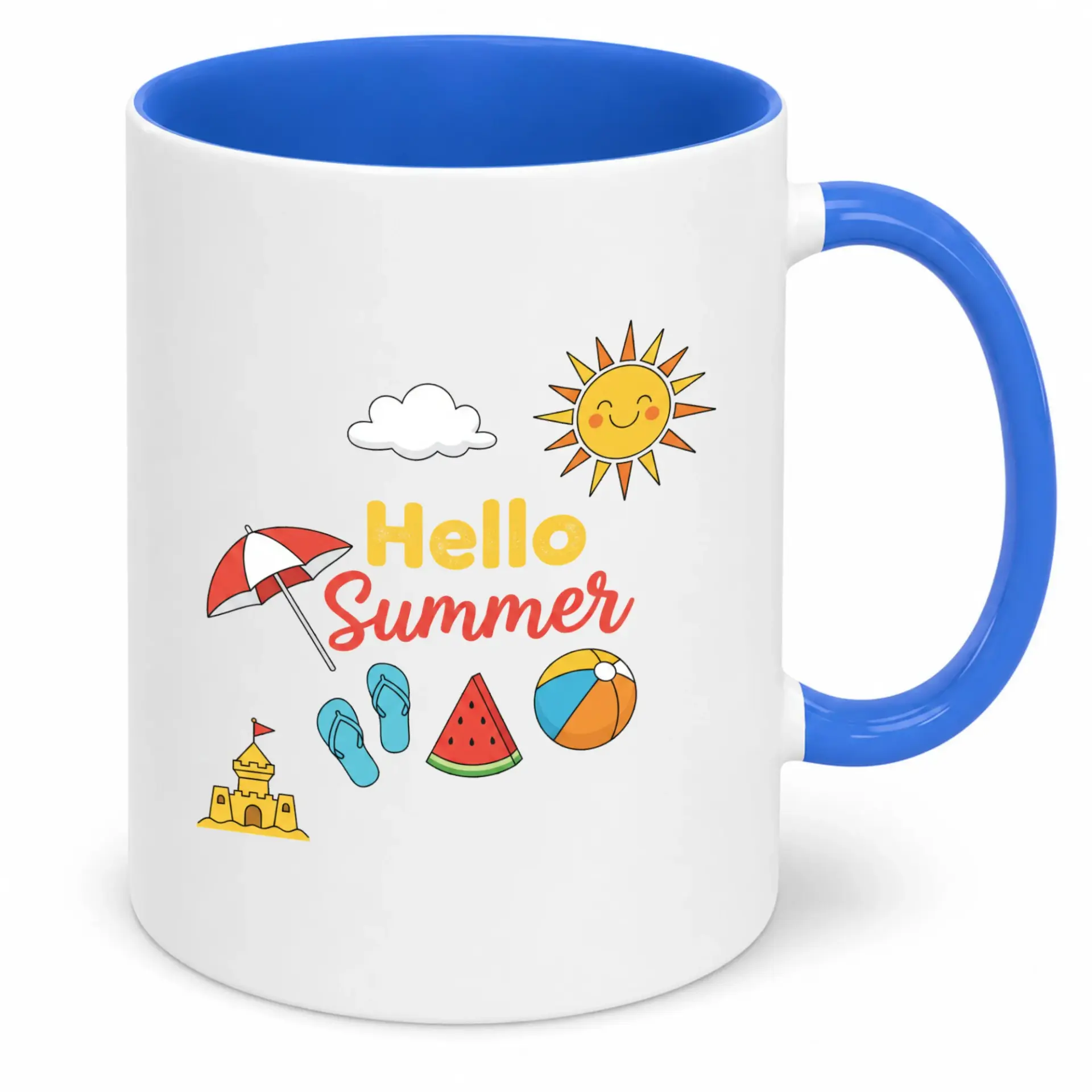 Hello Summer Coffee Mug White Ceramic Beach Themed Drinkware with Blue Handle and Interior Summer Vacation Gift Idea
