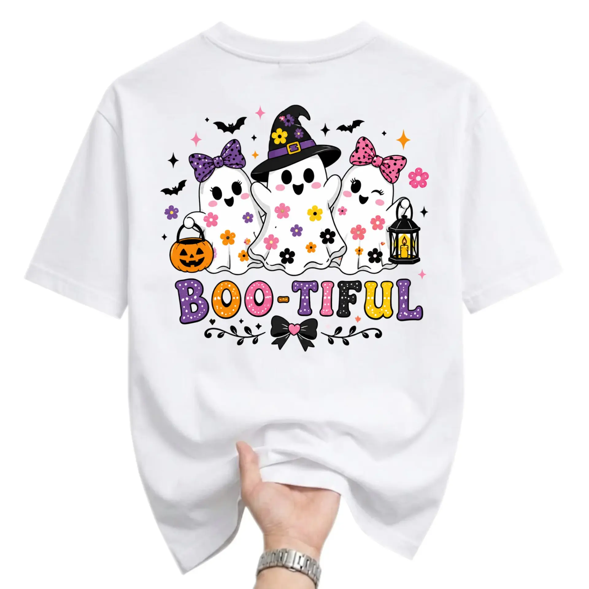 Funny Shirt Boo-Tiful Ghost Halloween Graphic Tee Unisex Crew Neck Casual Cotton Blend Short Sleeve Apparel White