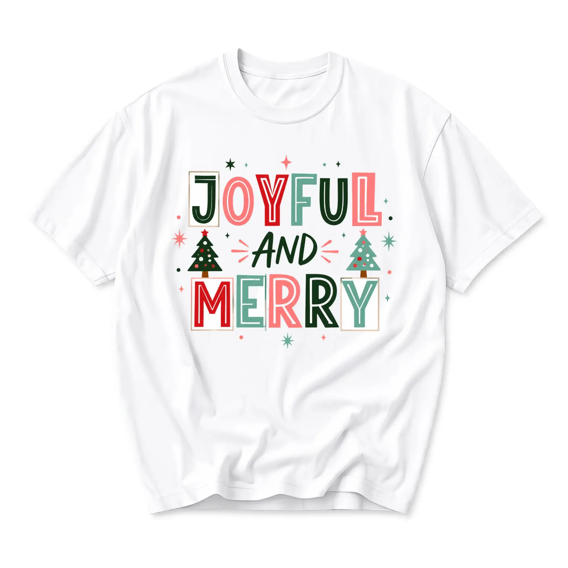 Graphic Tee Joyful and Merry Holiday Design Unisex Crew Neck Short Sleeve Shirt for Casual Winter Season Outfits